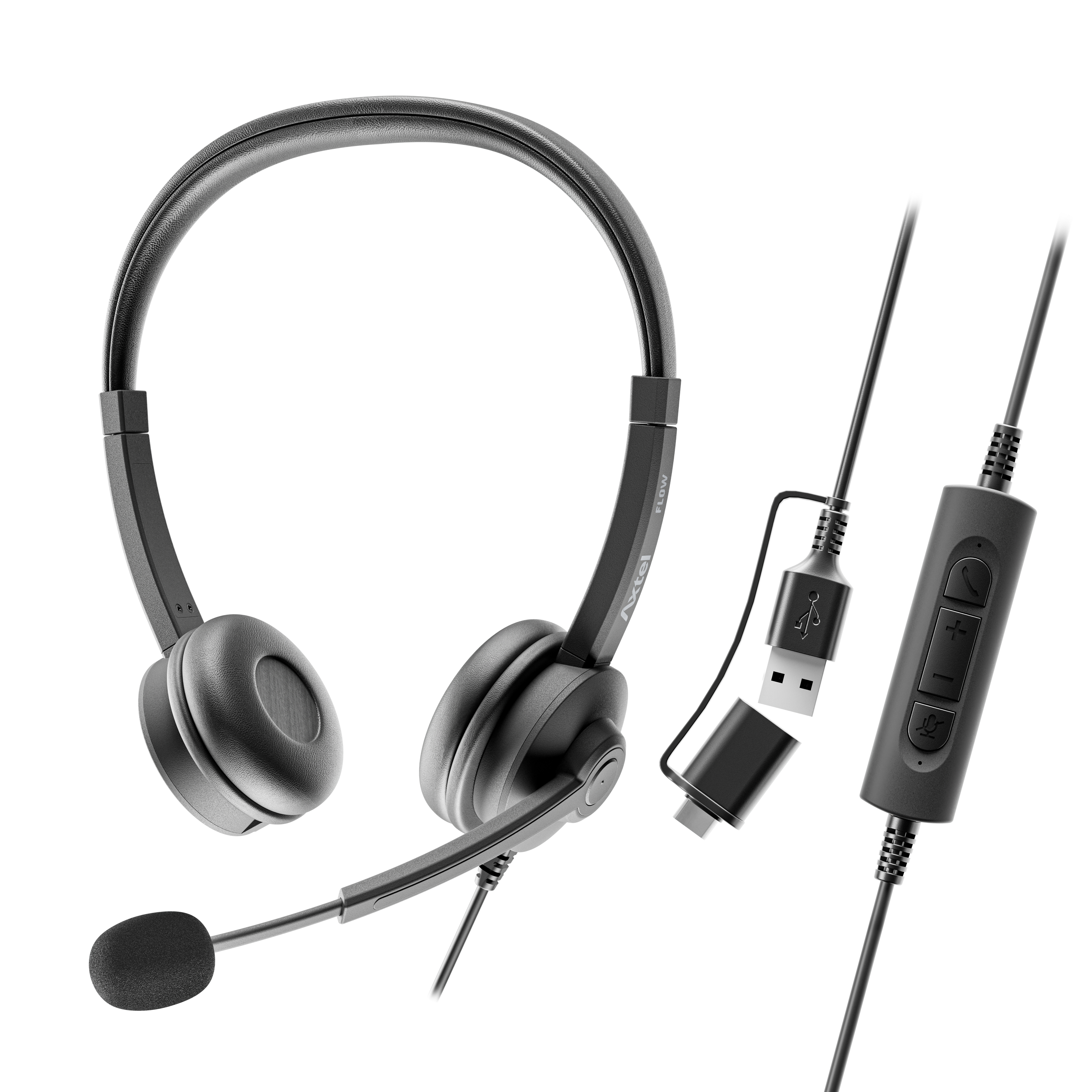Cuffie nere con microfono, connettori USB e USB-C, sfondo bianco.