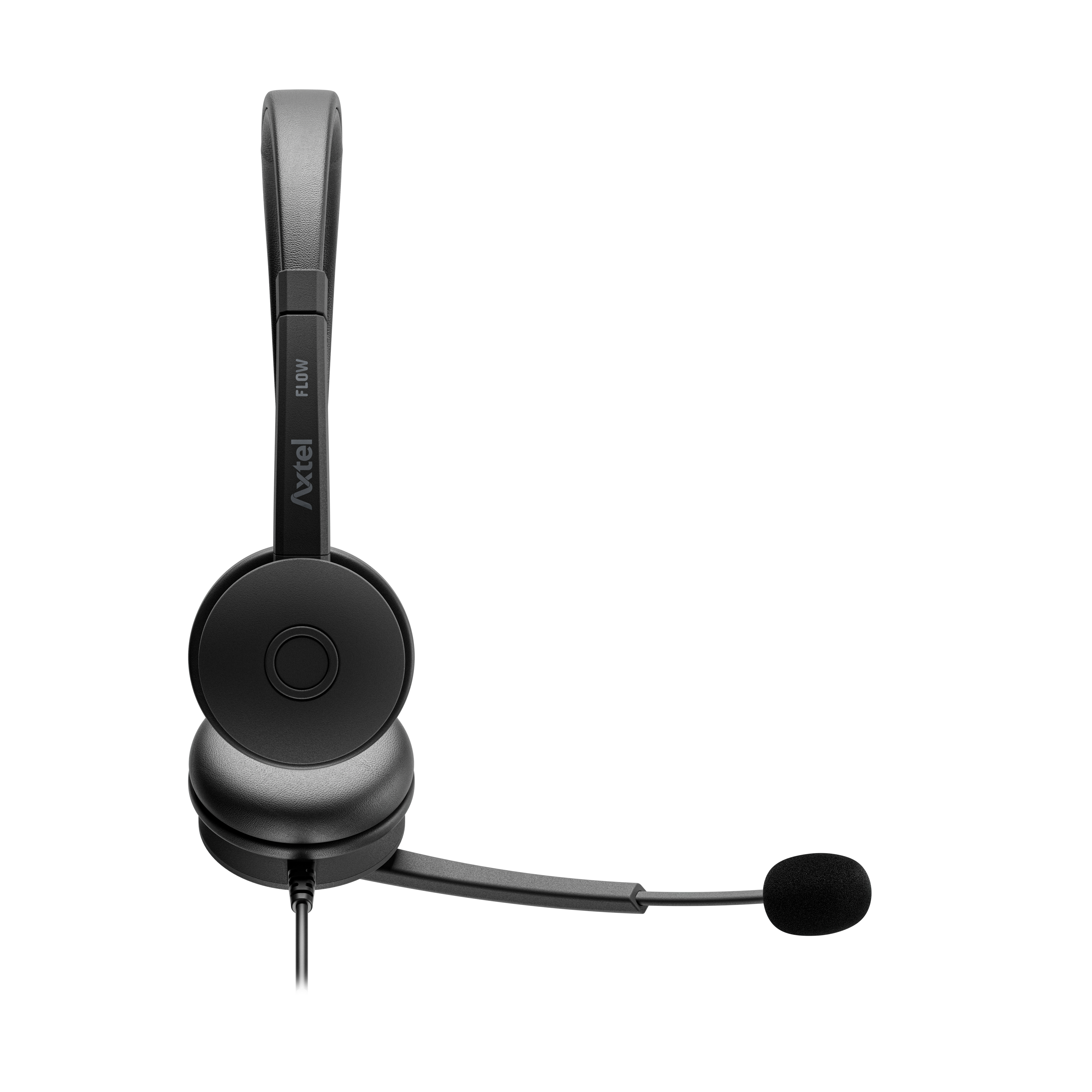 Cuffie nere con un solo auricolare e microfono. Lo sfondo è bianco, foto del prodotto di lato.