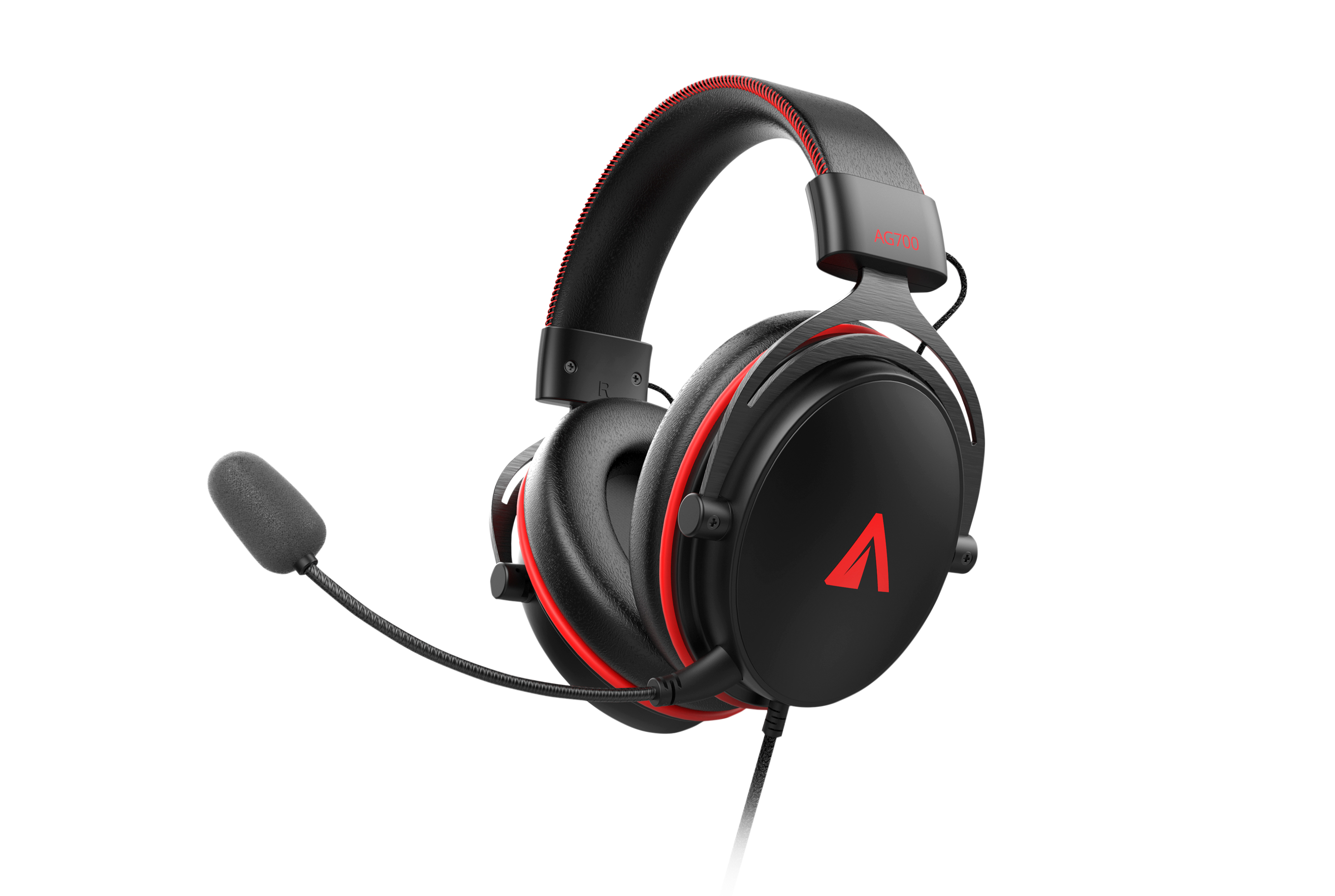 Cuffie da gioco nere e rosse. Con microfono e logo del marchio sul padiglione auricolare.