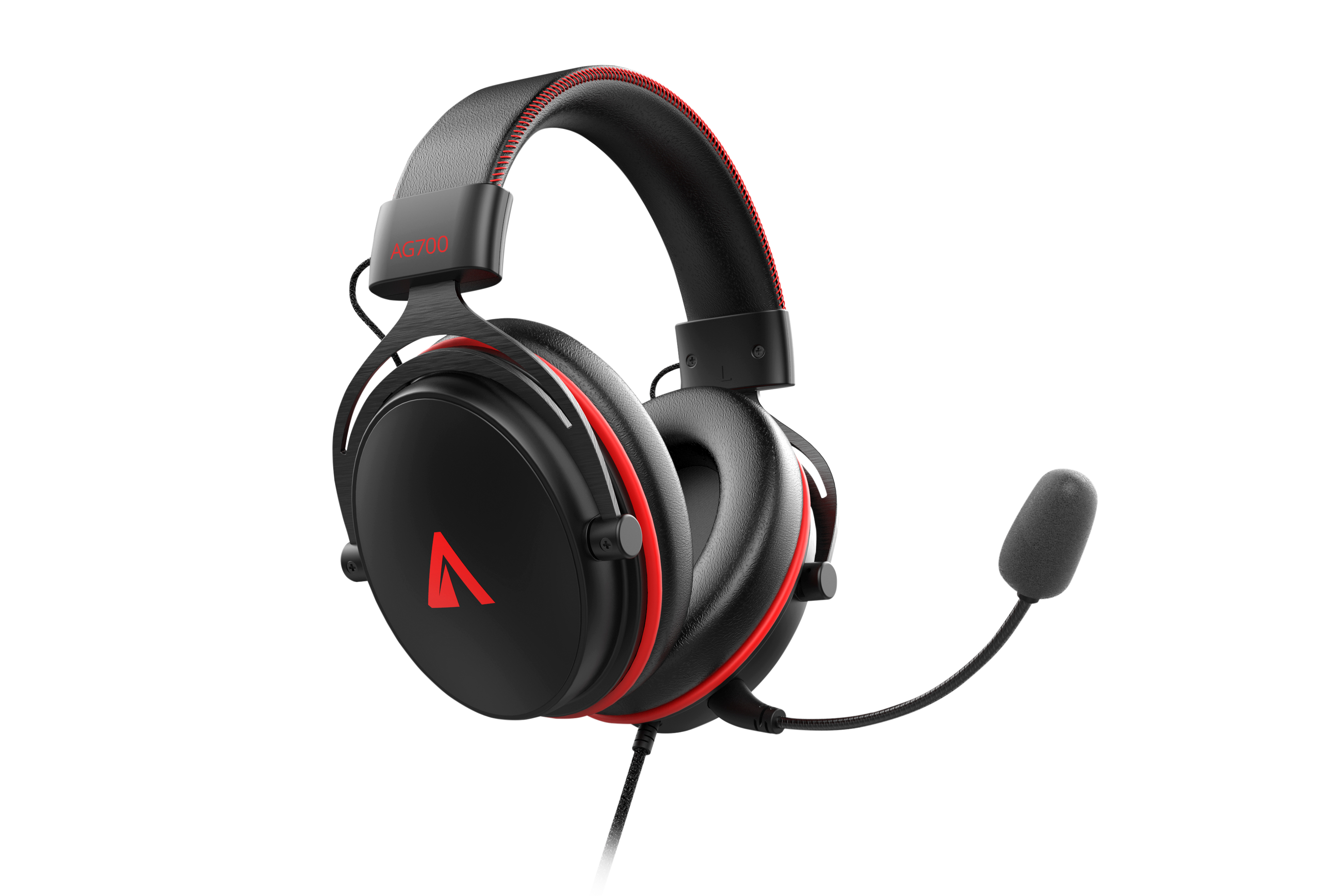 Cuffie da gioco nere e rosse. Con microfono e logo del marchio sul padiglione auricolare.