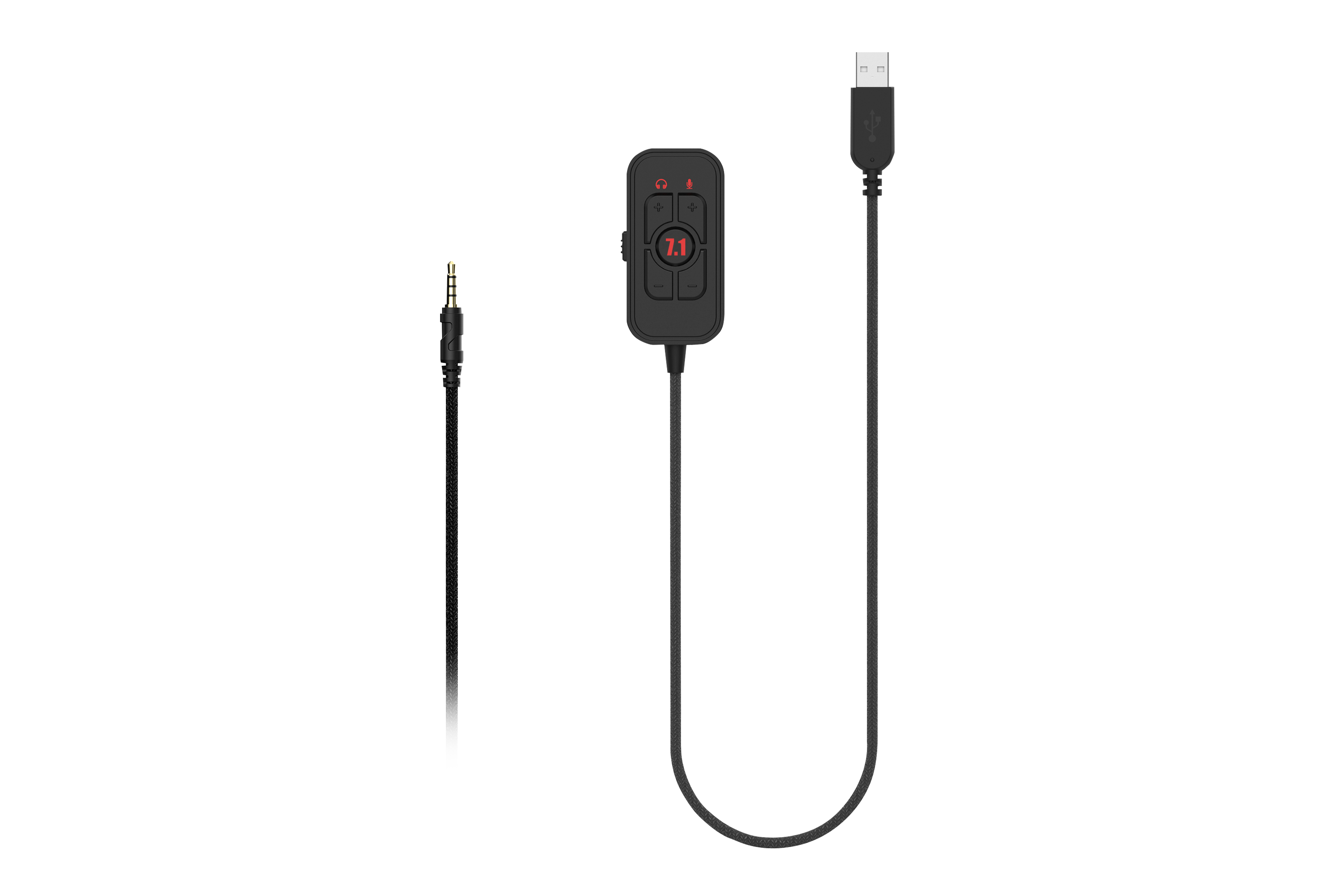 Dispositivo audio nero con jack da 3,5 mm e cavo USB, su sfondo bianco.