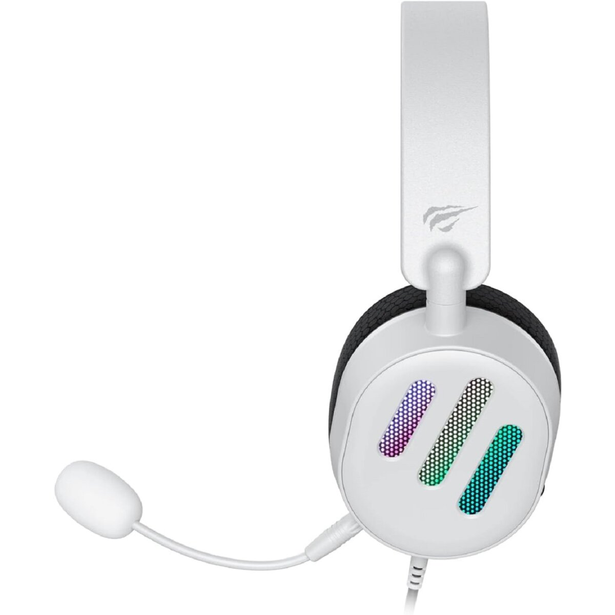 Biały zestaw słuchawkowy do gier z białym mikrofonem. Muszla uszna ma kolorowe światła.