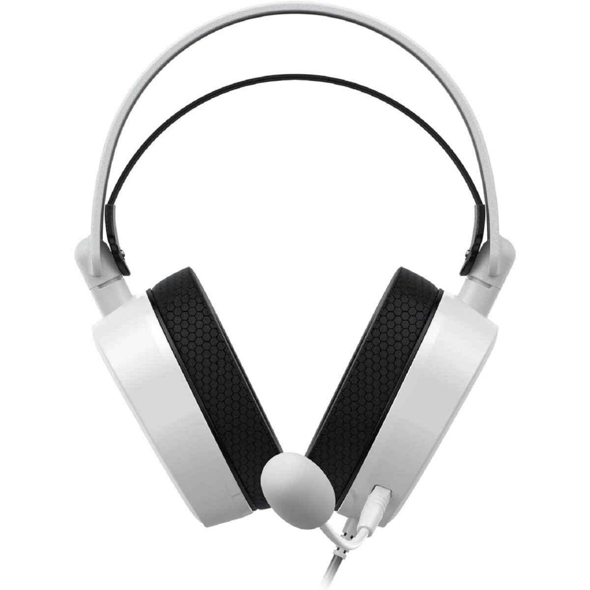 Biały zestaw słuchawkowy z czarnymi nausznikami i mikrofonem. Zestaw słuchawkowy z boku.