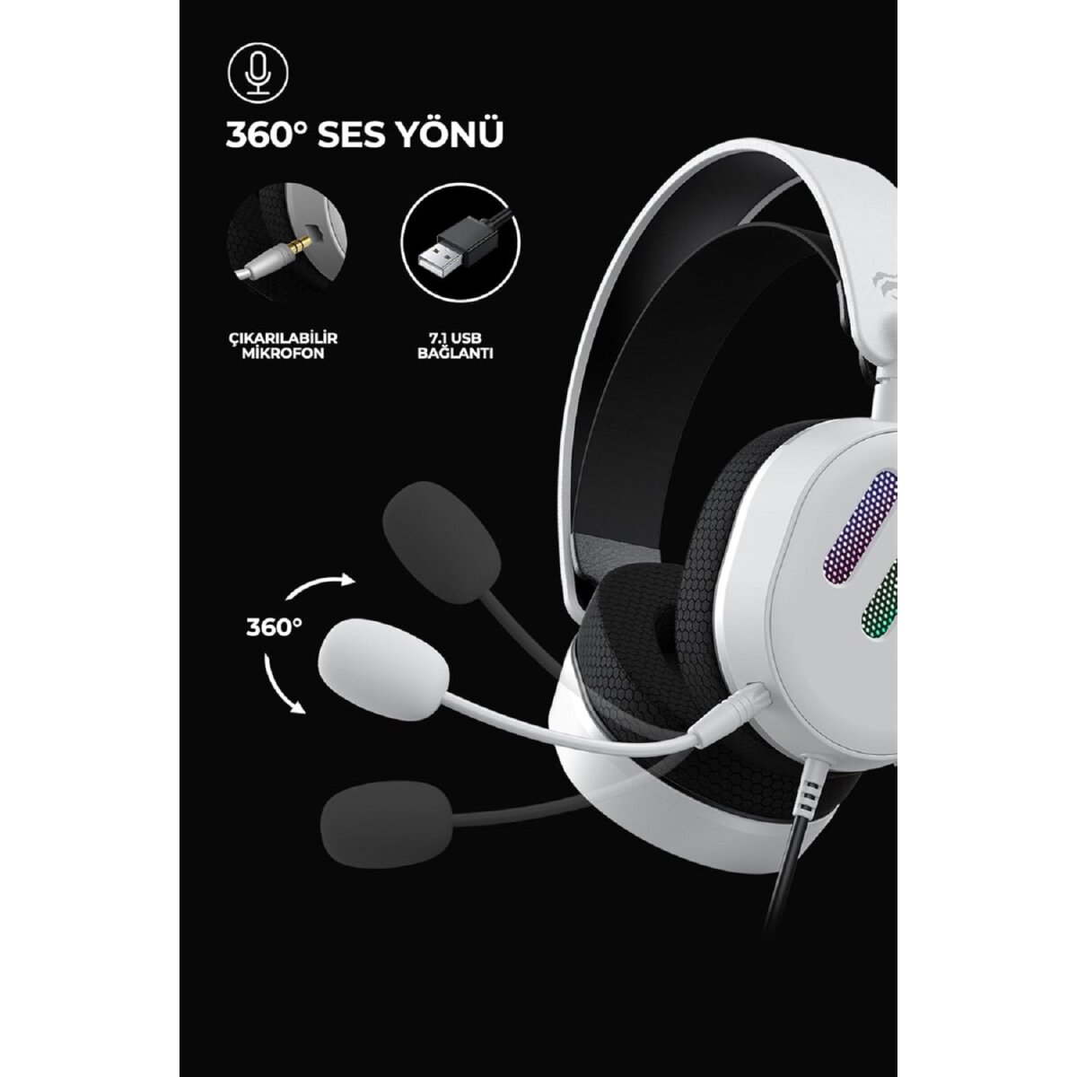 Szczegół białych słuchawek do gier. Pokazuje odłączany mikrofon i opcje USB na czarnym tle.