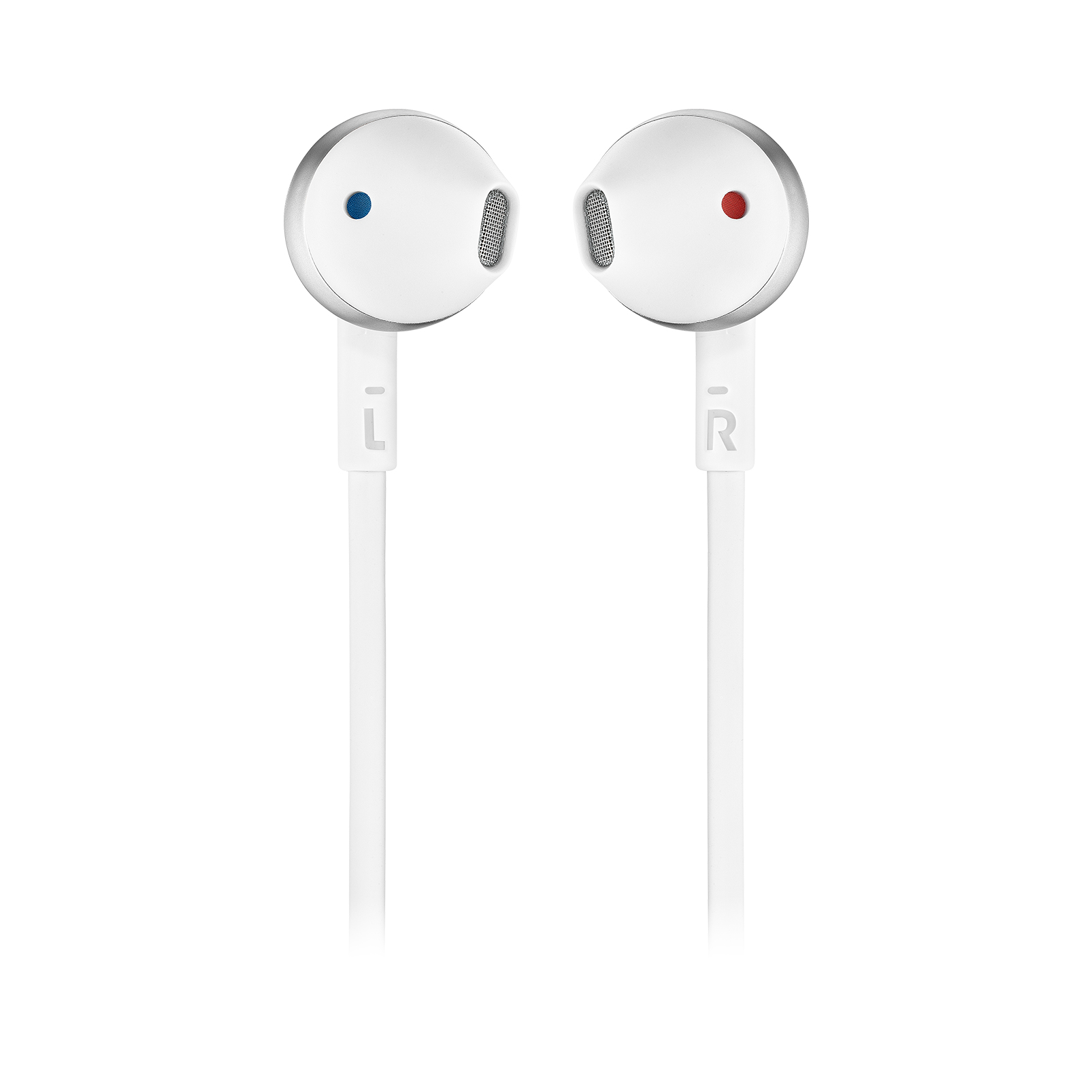 Auricolari bianchi con accenti blu e rossi. Sfondo bianco.