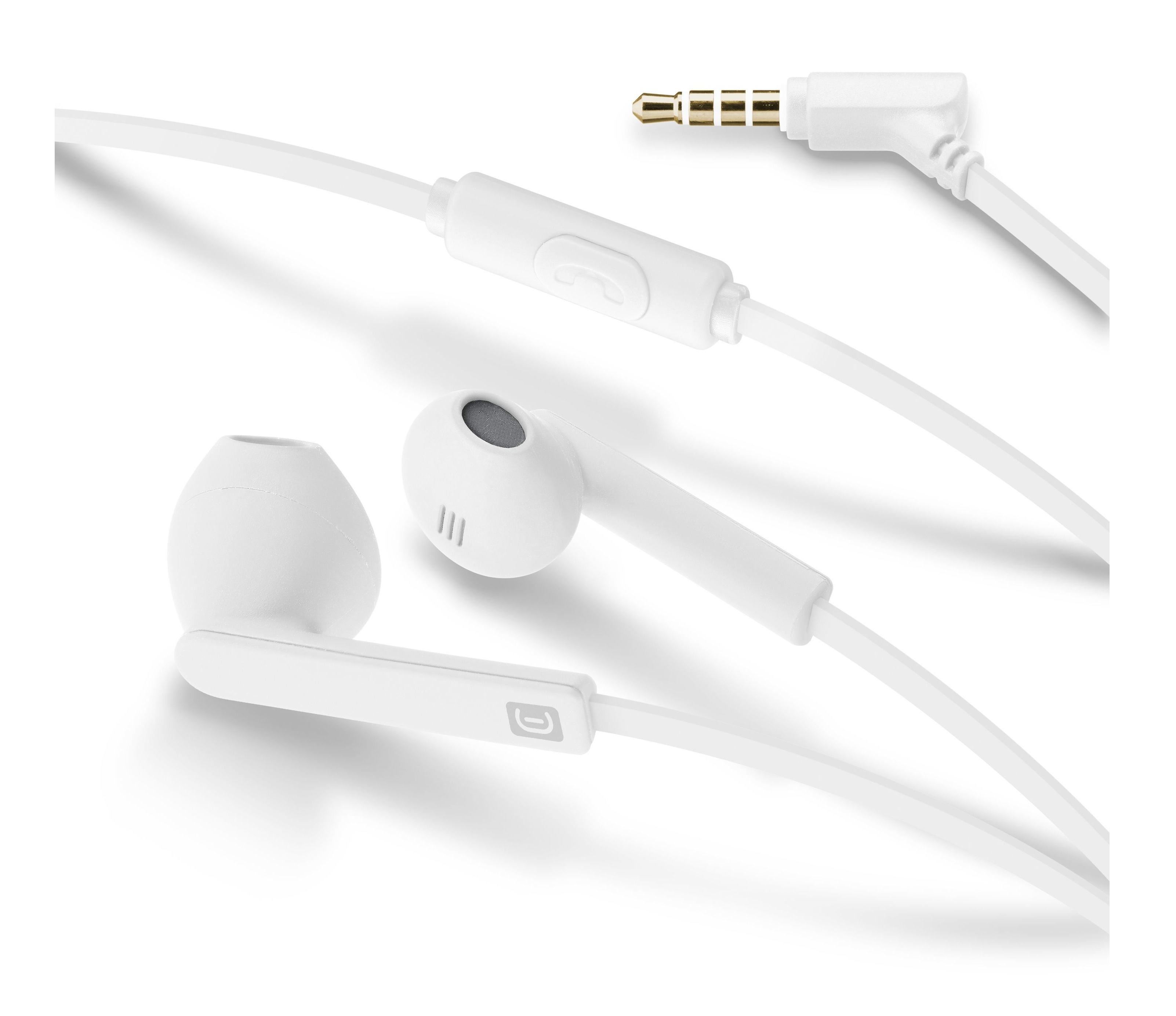 White earphones with a control module and a 3.5mm jack, arranged against a white backdrop.