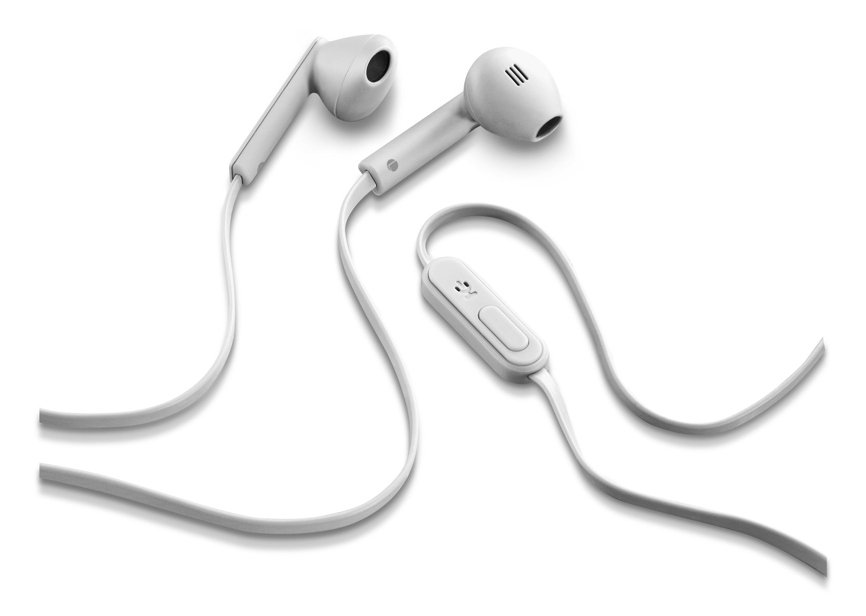 White earbuds with a control button and cable. They are on a white surface.