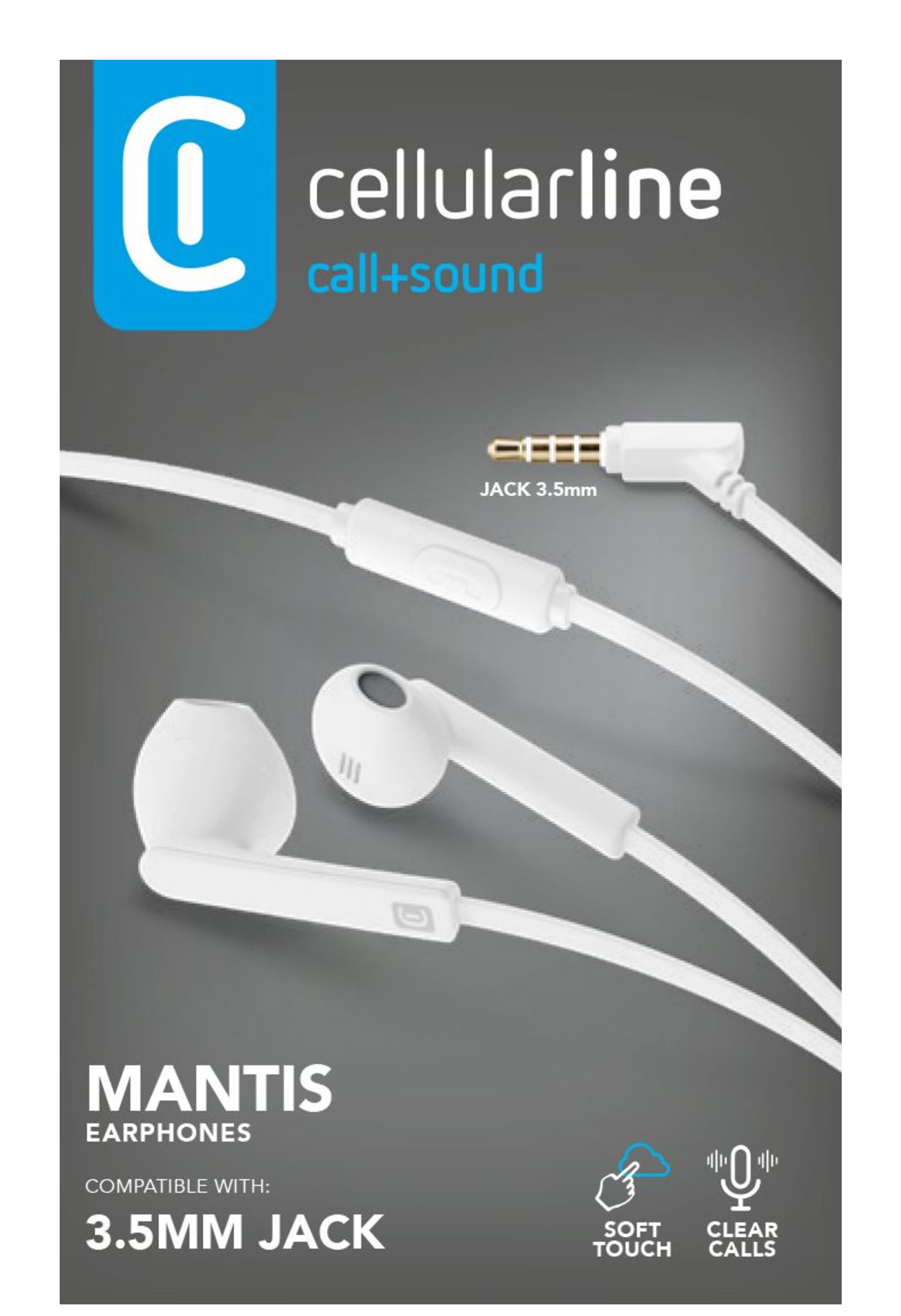 White earbuds with 3.5mm jack, with text.