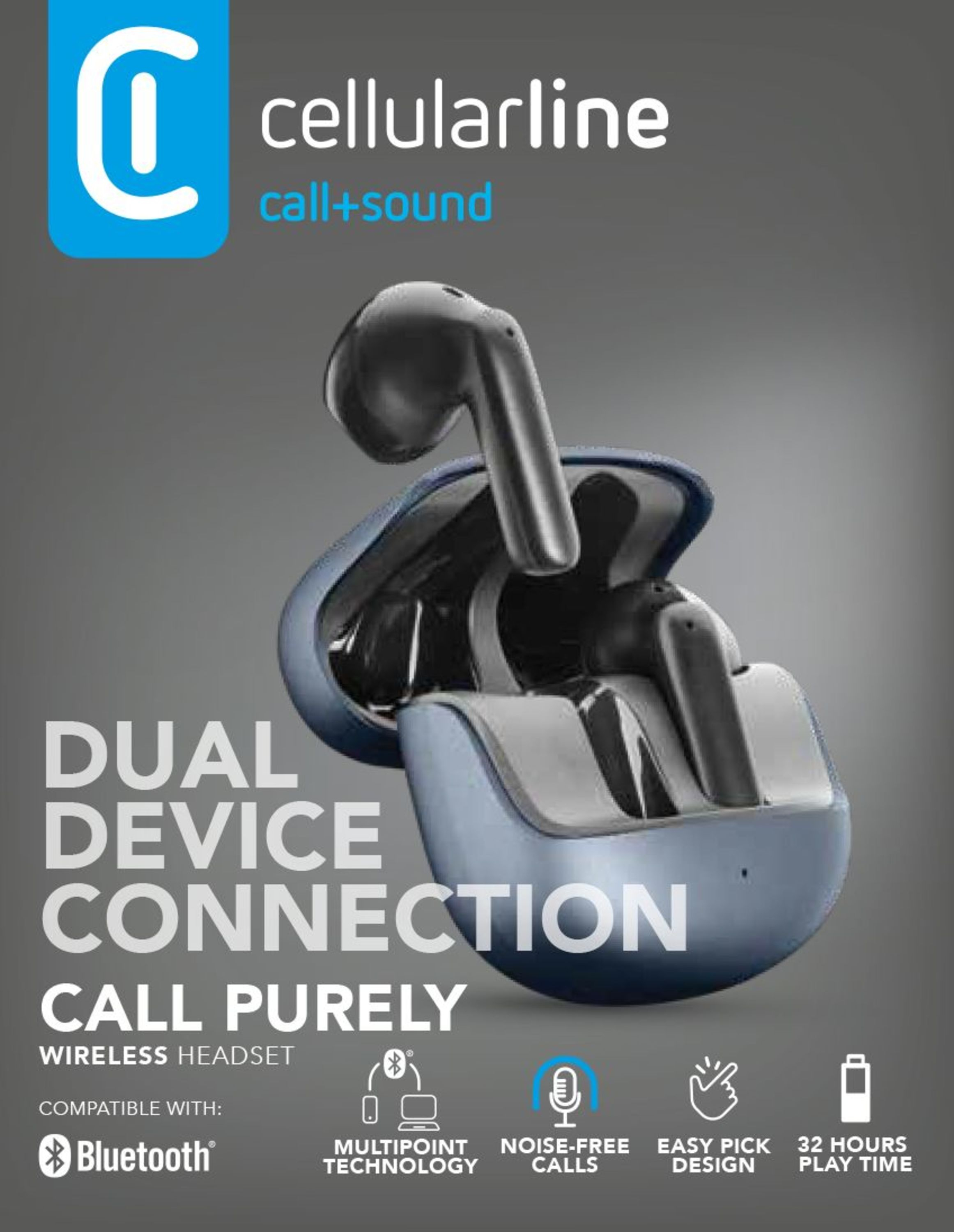 Drahtloses Cellularline-Headset mit Ladecase und Symbolen.