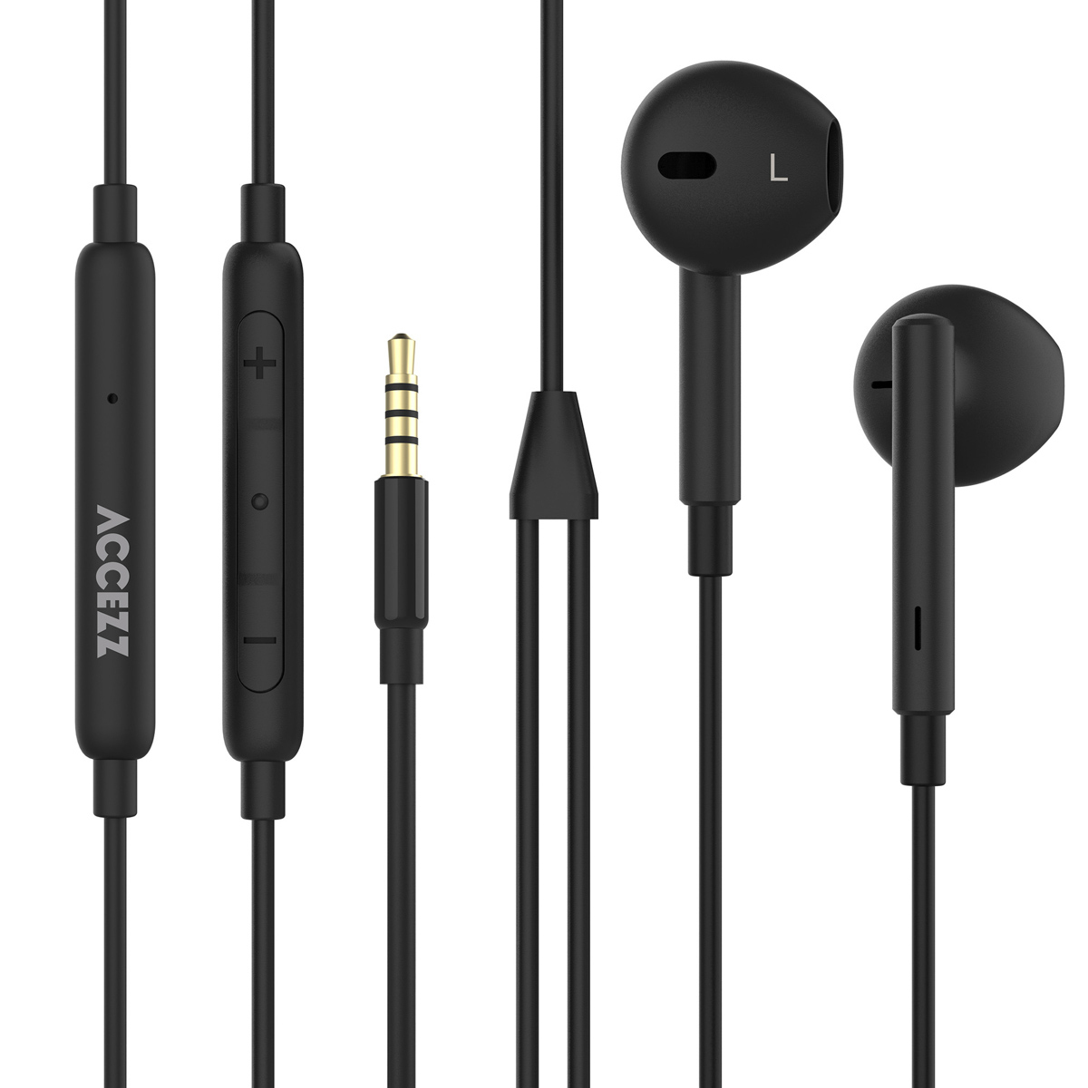 Auricolari con cavo, pulsanti di controllo e jack dorato. Nero. Sfondo bianco.