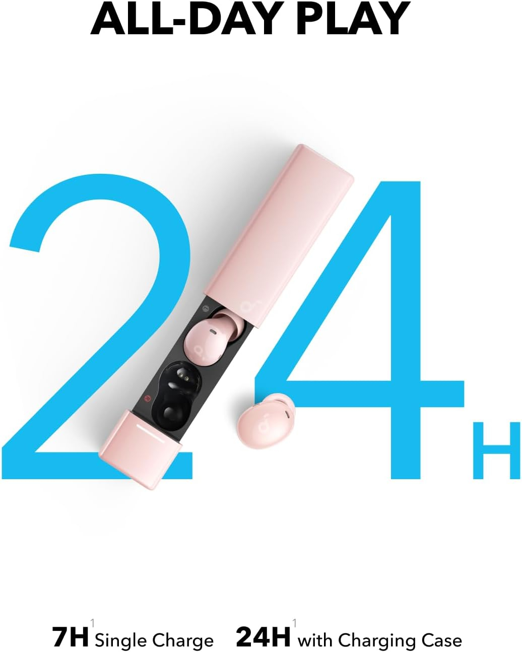 Ohrhörer in rosa Hülle und ein einzelner. Text: Ganztägiges Spielen. Zahlen: 24 und 7.
