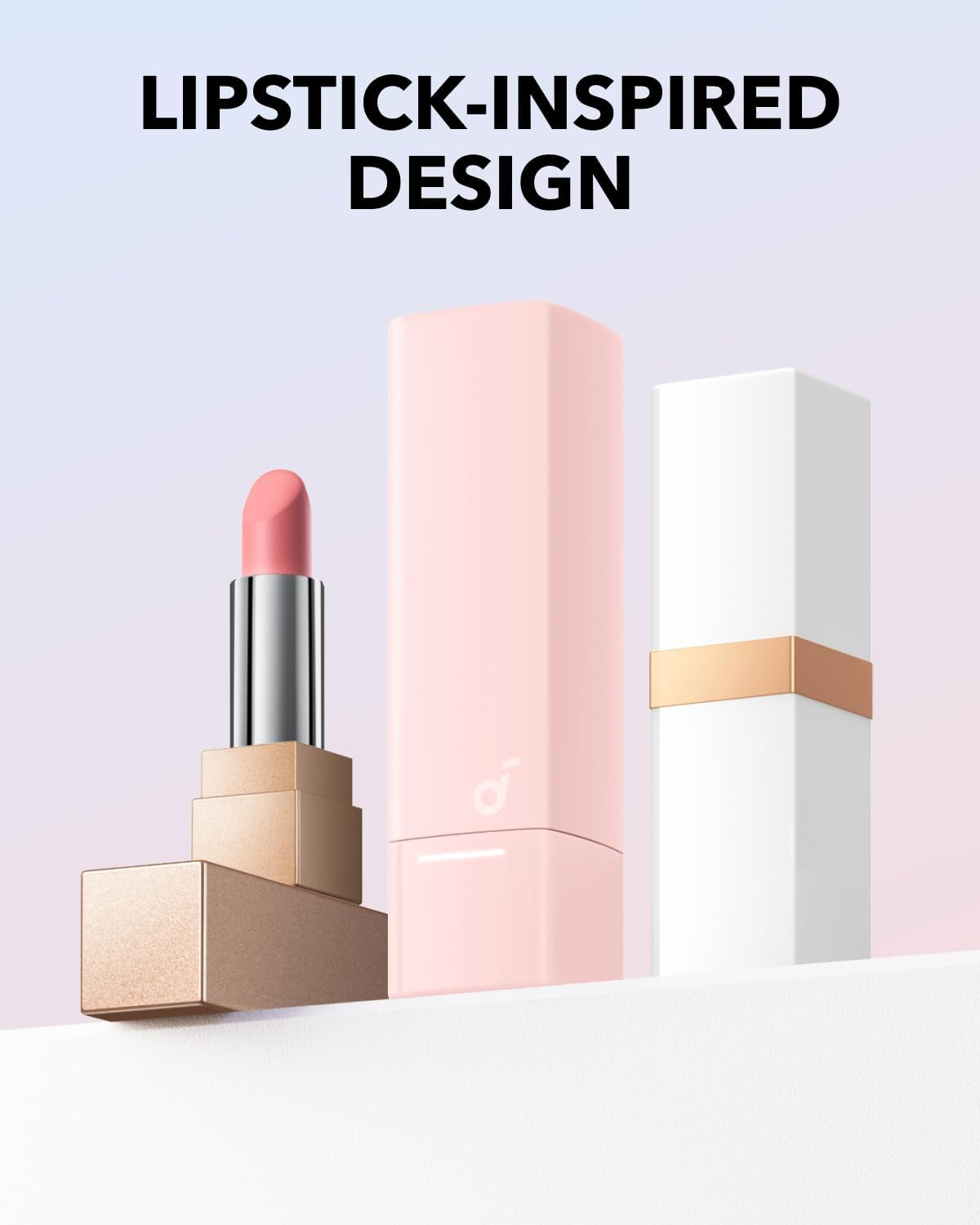 Drei Lippenstift-inspirierte Produkte: ein Lippenstift und zwei rosa, weiße Hüllen. Text: Lipstick-Inspired Design.