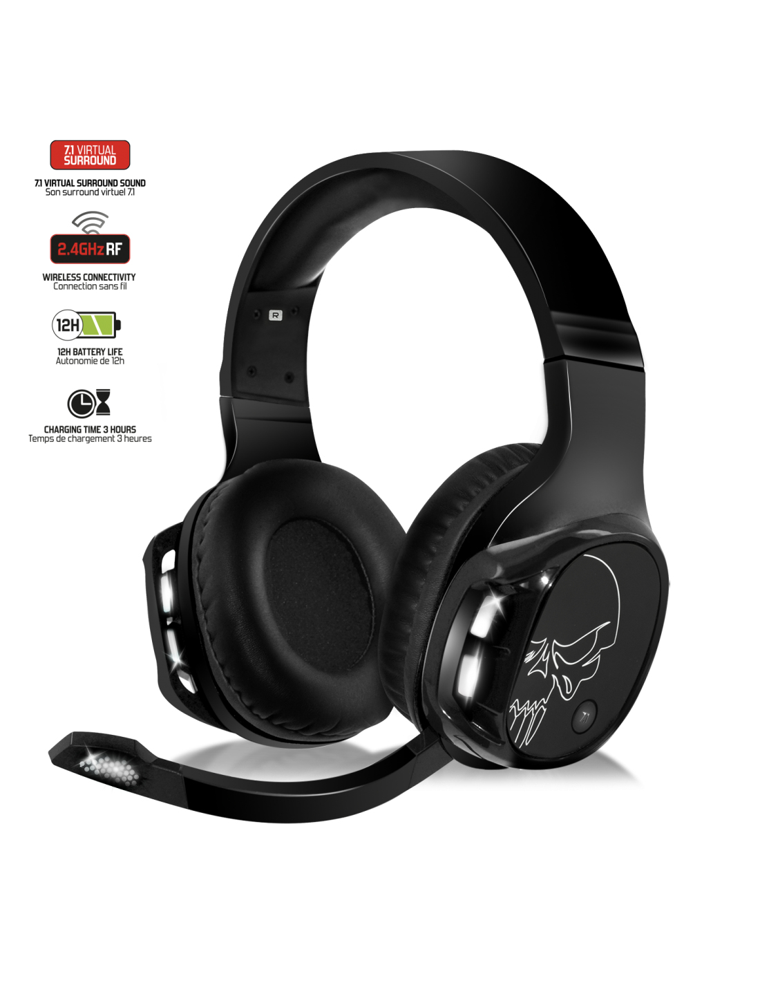 Cuffie nere con teschio e microfono su sfondo bianco. Testo: Audio surround virtuale 7.1.