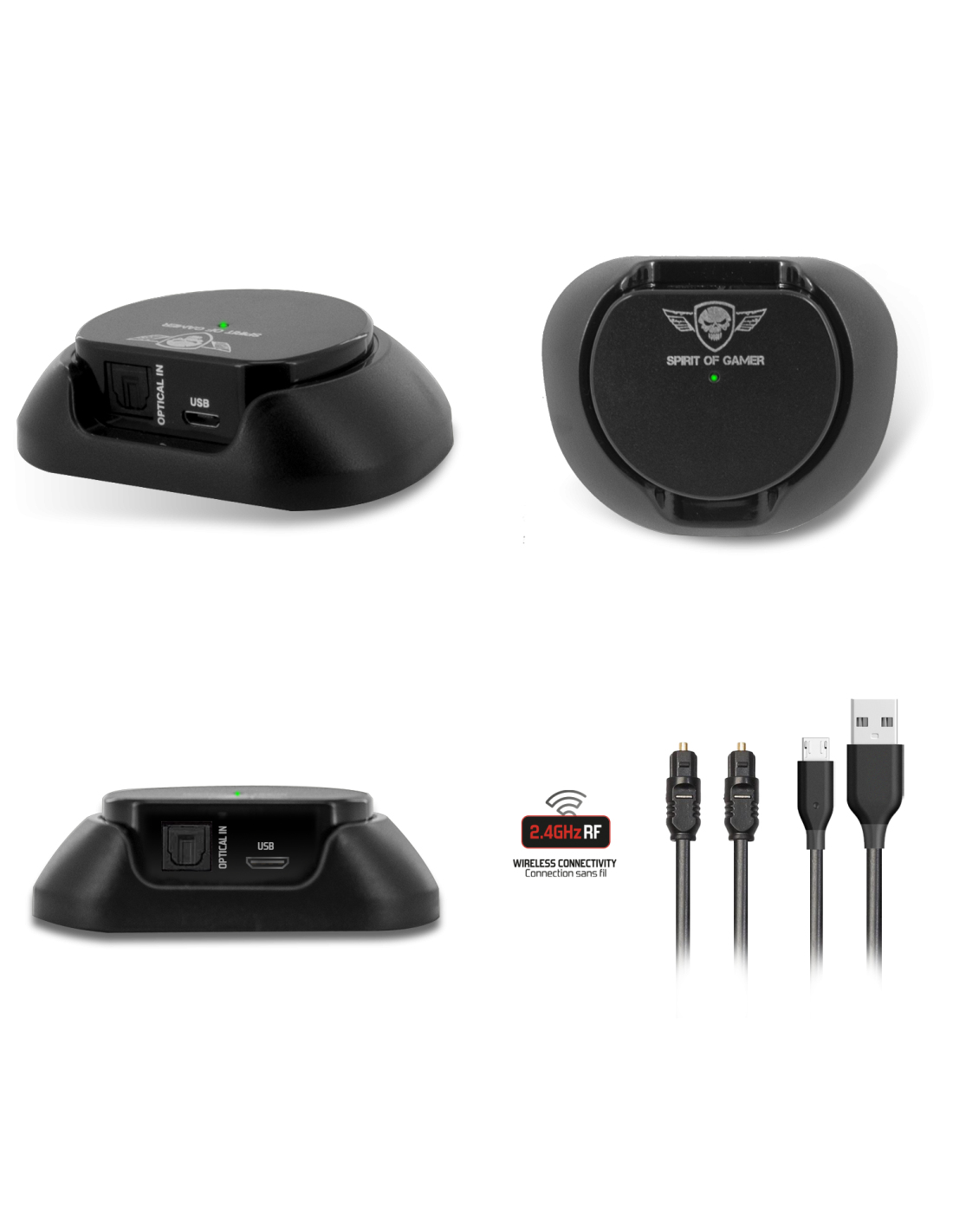 Accessorio da gioco nero con base e parte superiore con la scritta 'Spirit of Gamer' e cavi.