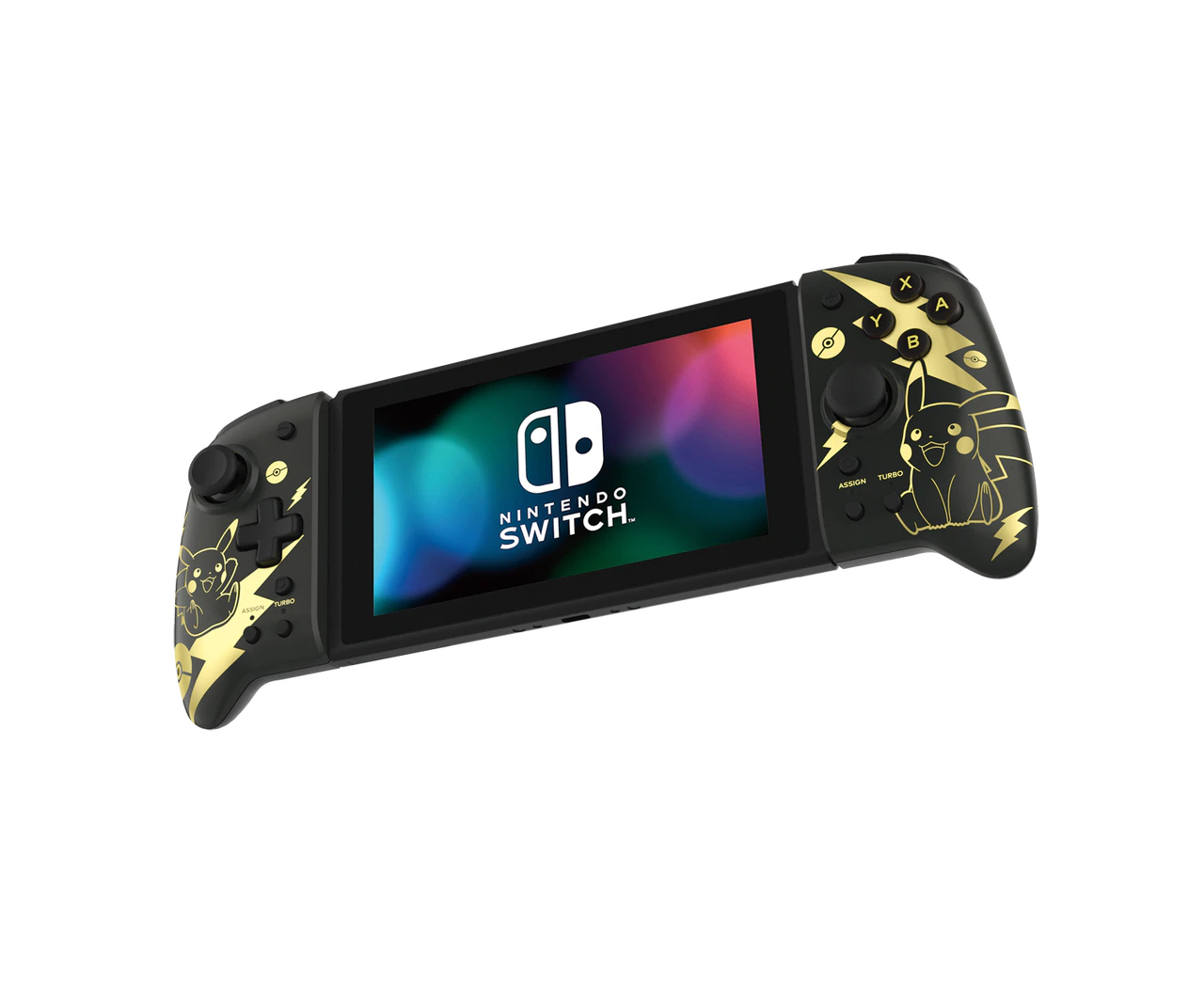 Schwarzer Nintendo Switch Controller mit goldenen Pikachu-Designs auf weißem Grund.