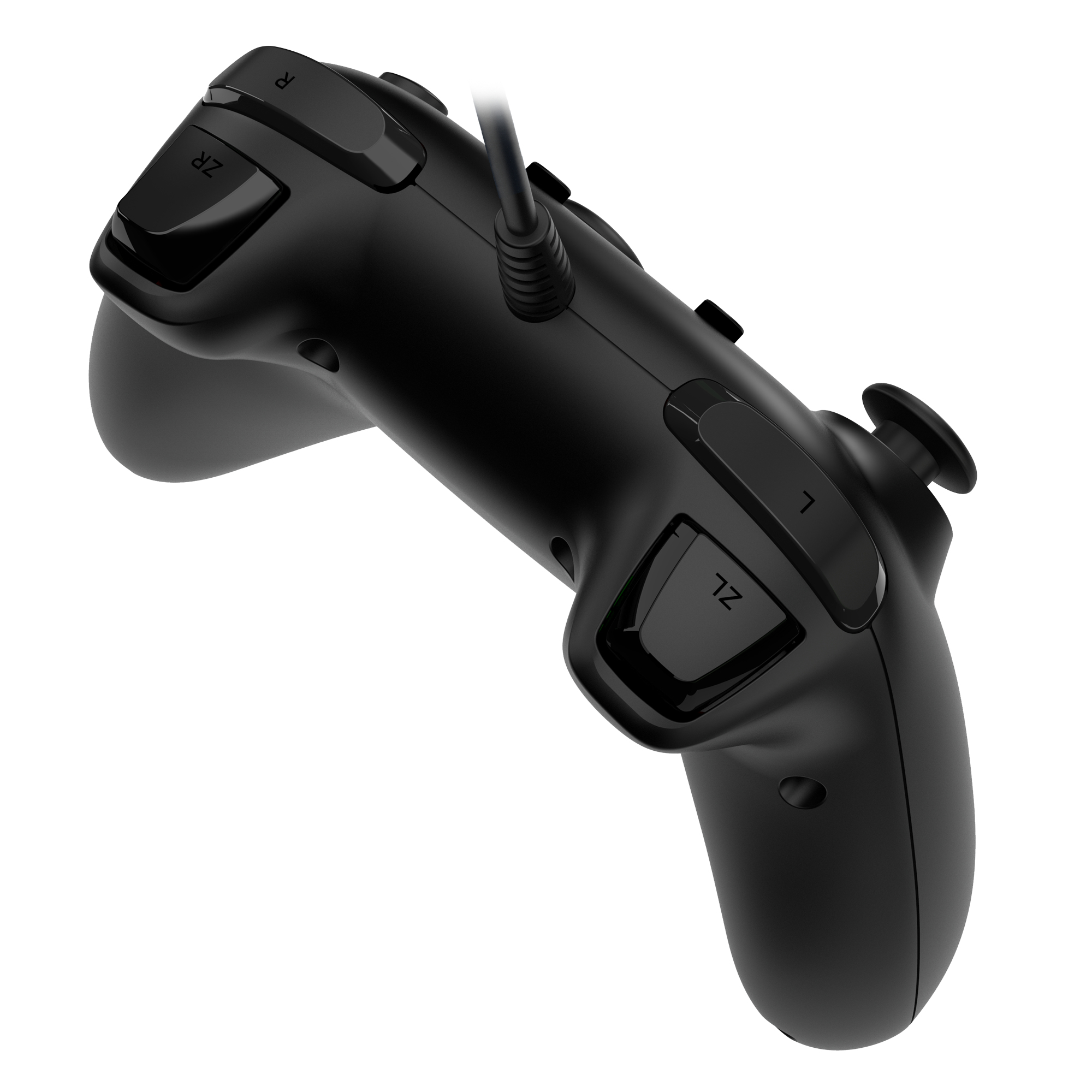 Schwarzer Controller mit Knöpfen. Er steht vor weißem Hintergrund.