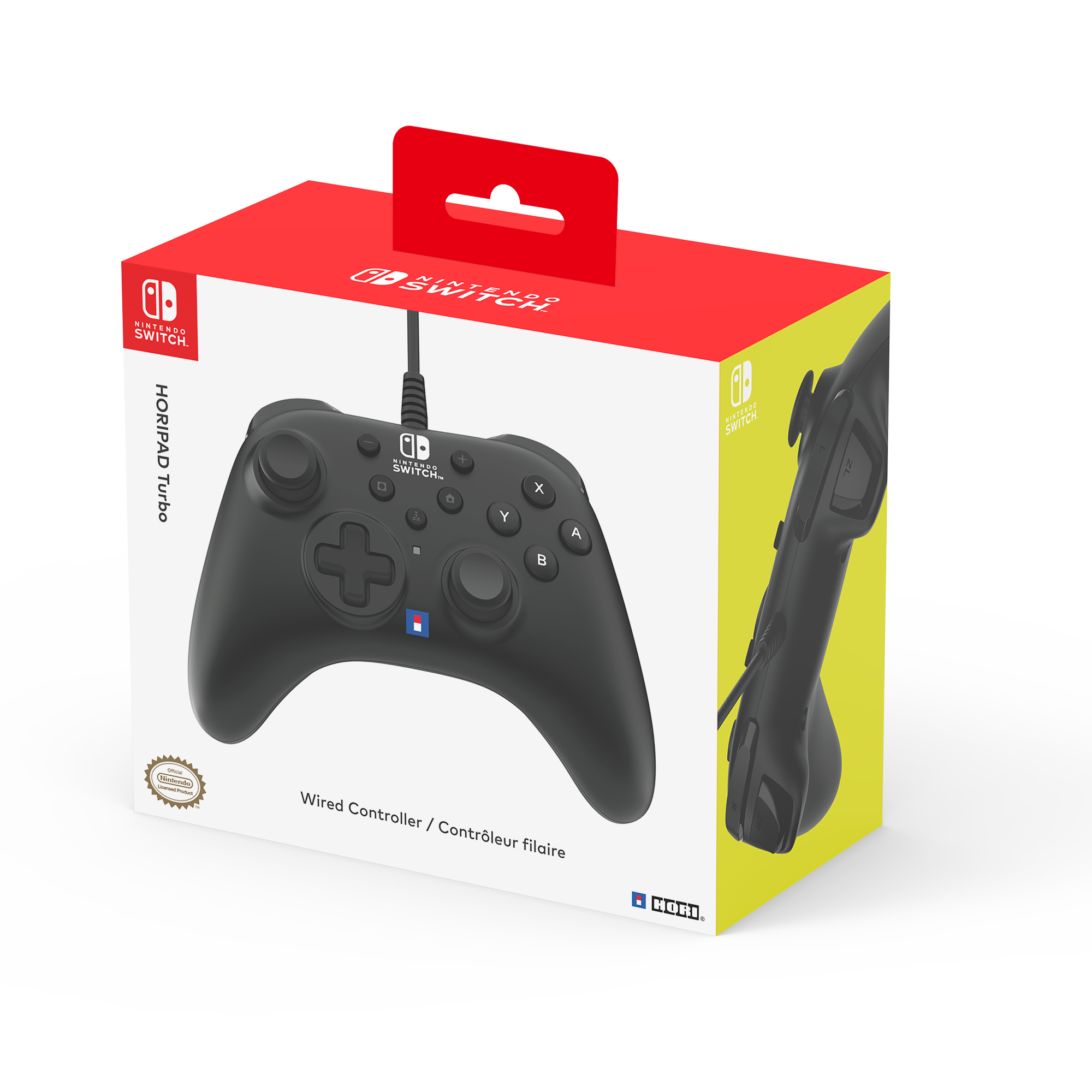 Verpackter schwarzer Nintendo Switch HORIPAD Turbo Controller. Roter Deckel und Boden mit weißem Text.