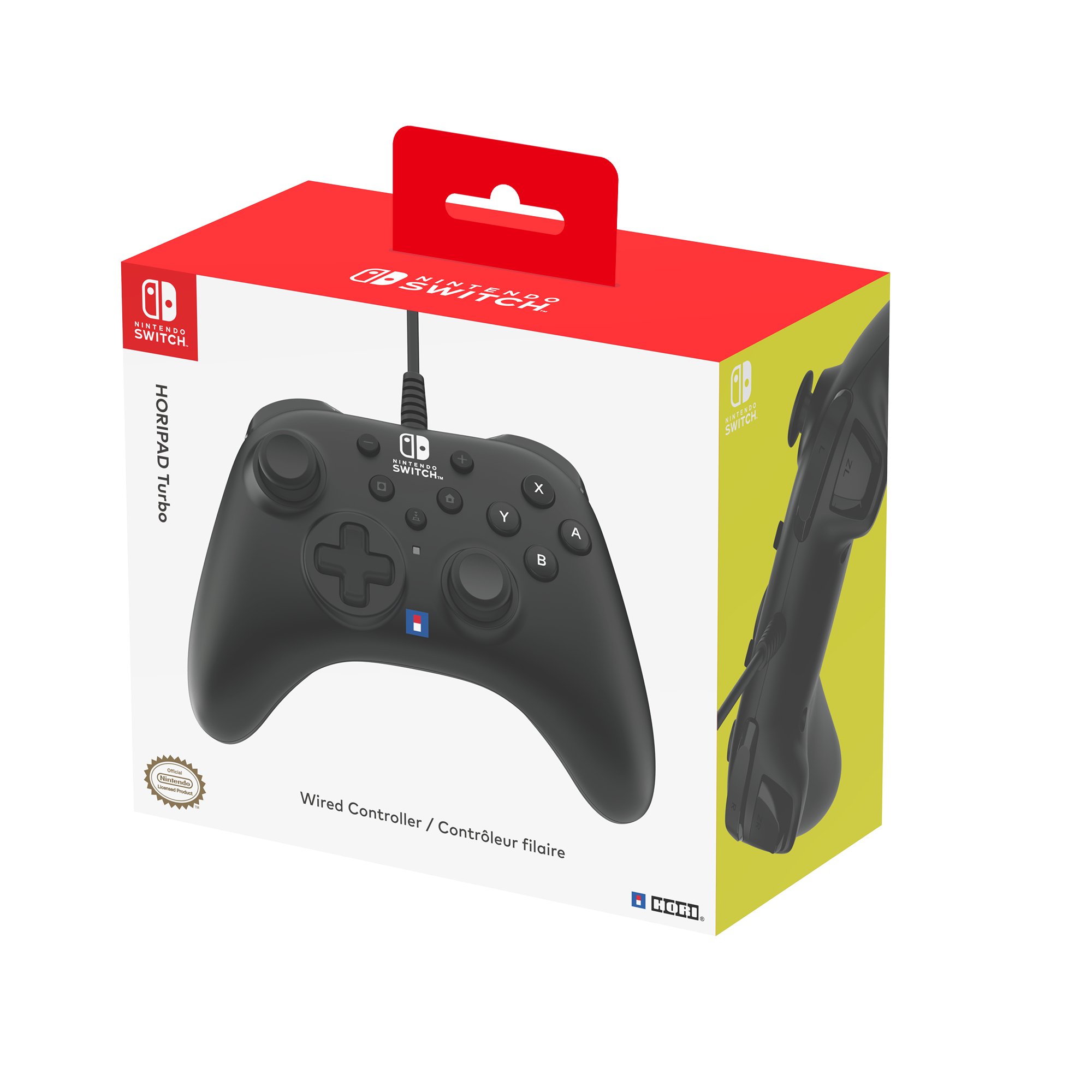 Schwarzer Controller für Nintendo Switch in einer rot-weißen Box. Kabelgebundener Controller.