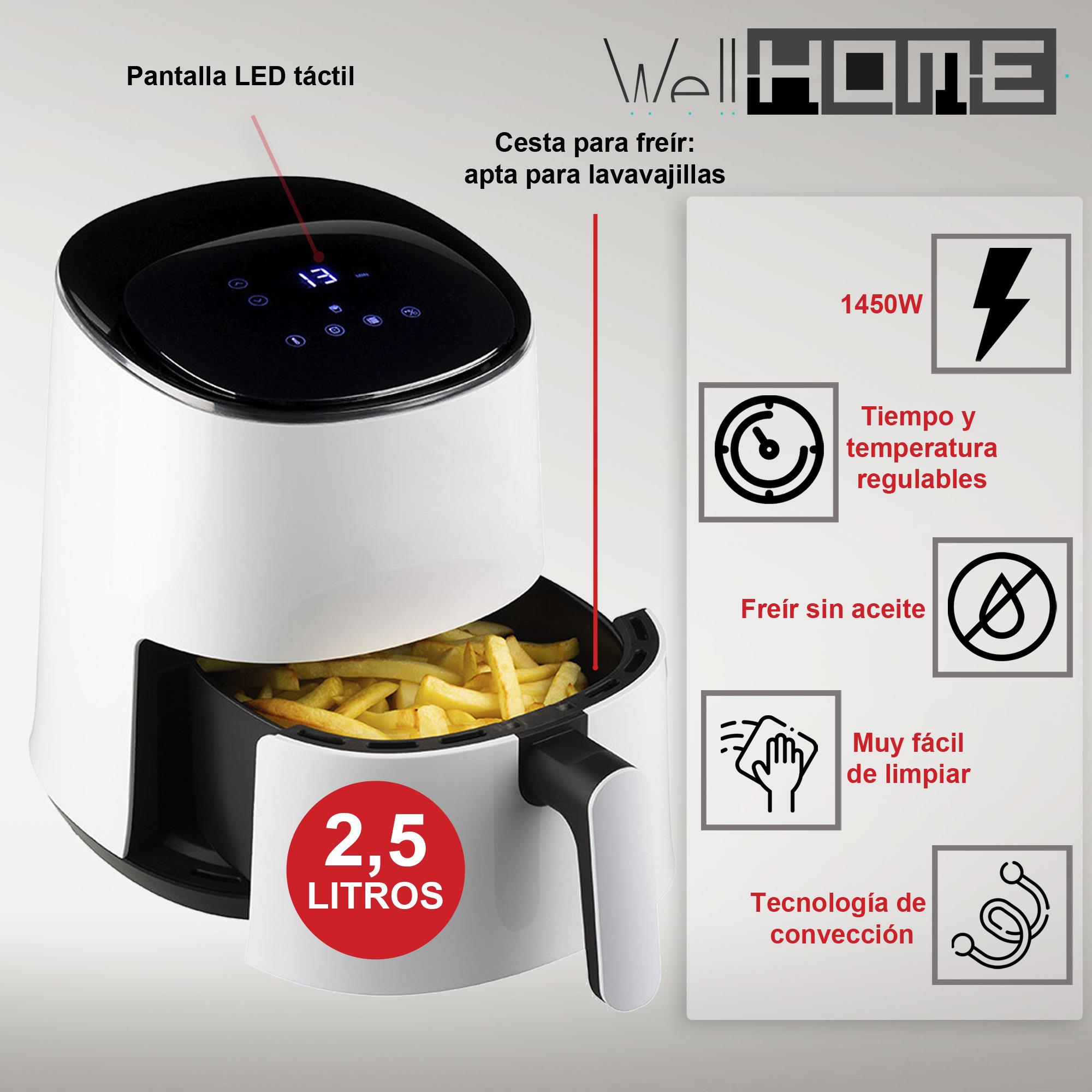 Freidora de aire blanca y negra con pantalla LED, patatas fritas en la cesta, con iconos y texto.