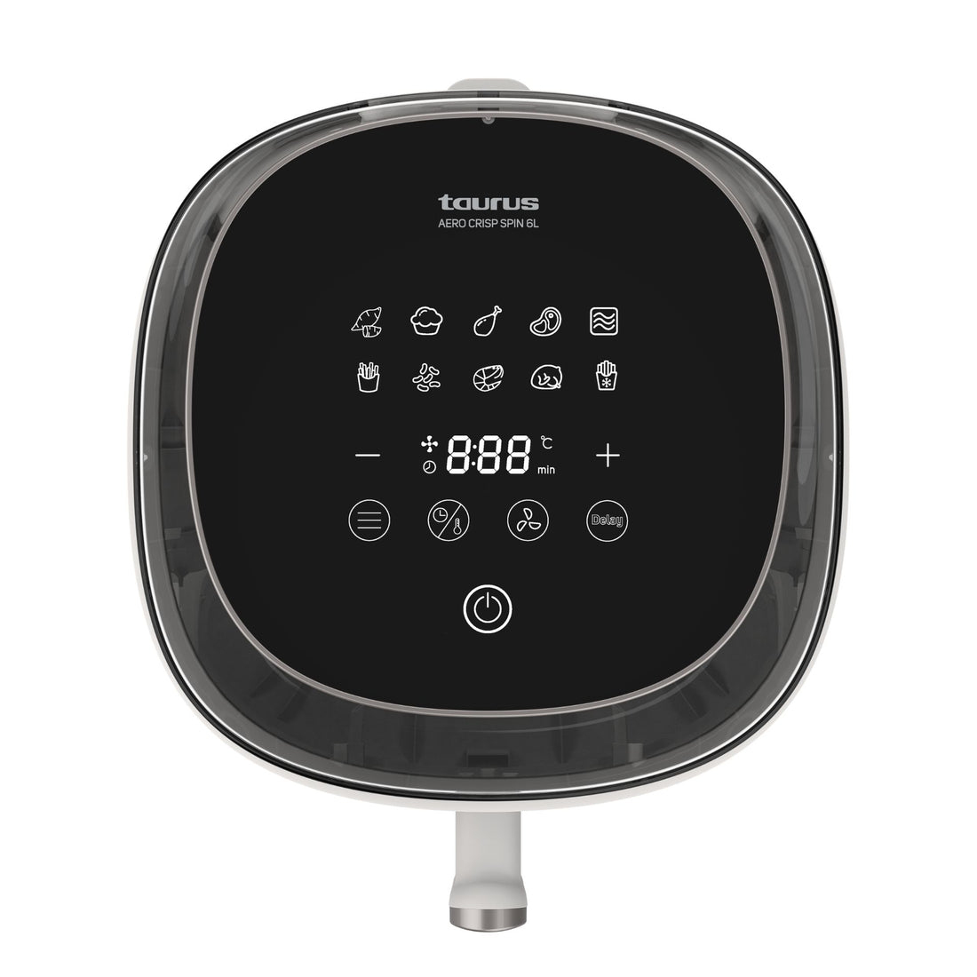 Panel sterowania frytkownicy powietrznej z wyświetlaczem cyfrowym i różnymi ikonami gotowania.