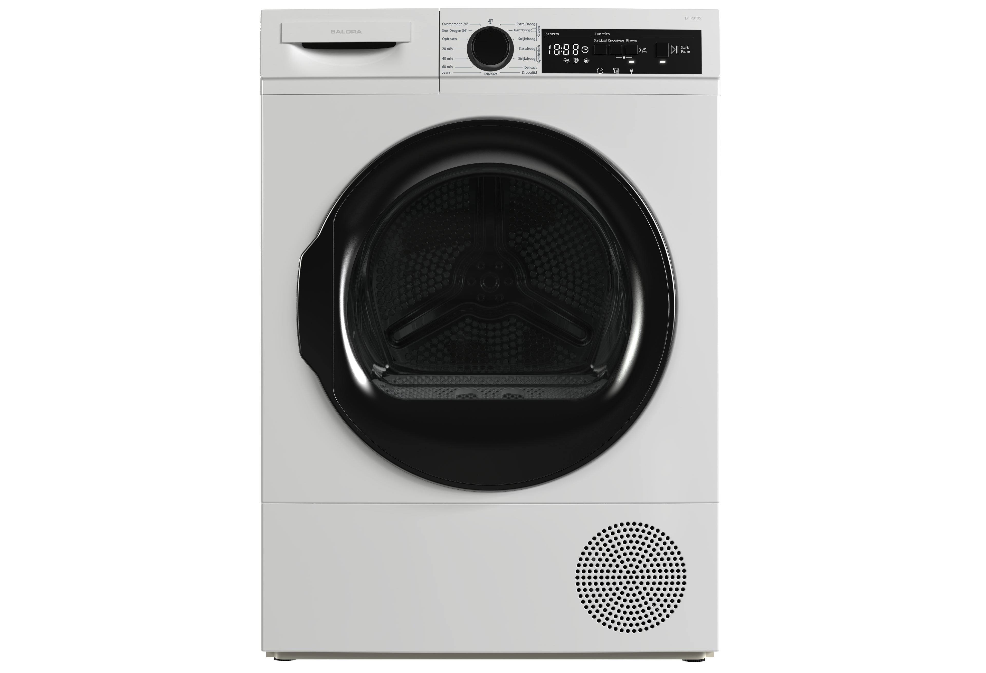 Een witte droger met de deur open. De binnentrommel en de pluizenval zijn zichtbaar. De machine staat op een wit oppervlak.