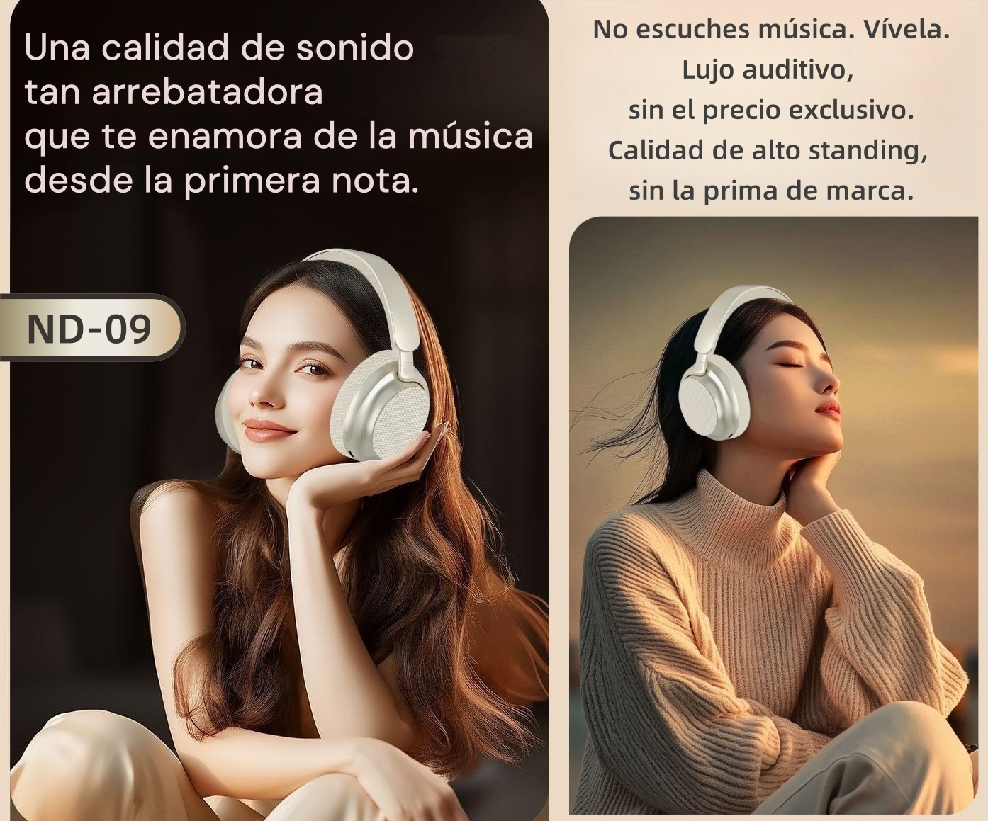 Dos mujeres con auriculares plateados. Texto en español describe calidad de sonido y características de los auriculares.