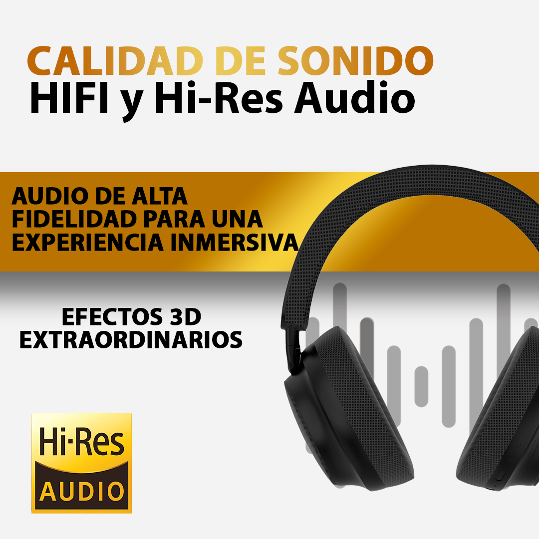 Auriculares negros con texto que destaca el audio HiFi y los efectos 3D. El diseño presenta un aspecto minimalista.