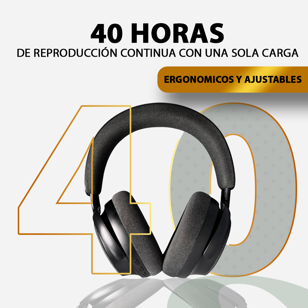 Auriculares sobre un fondo claro con texto que indica 40 horas de reproducción continua con una sola carga.