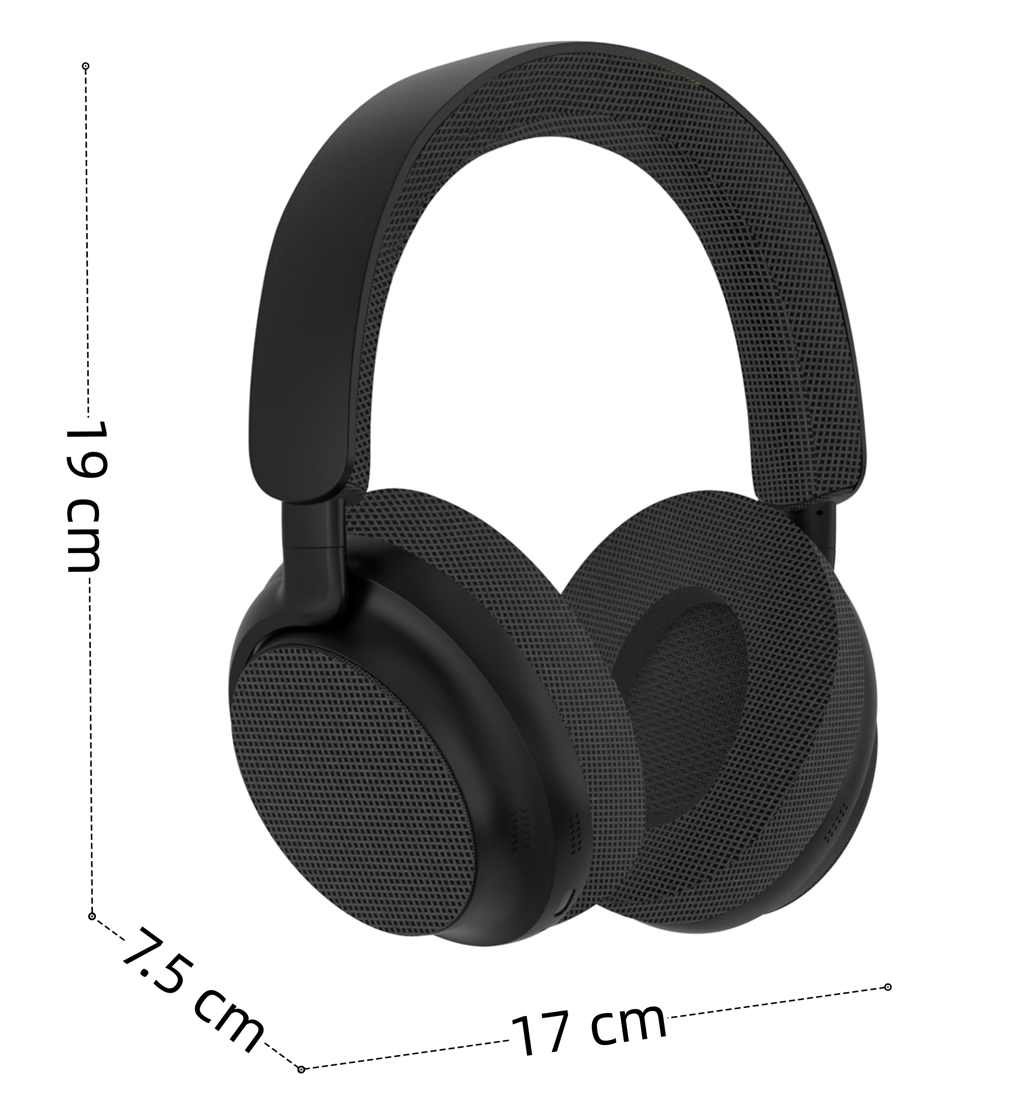 Auriculares negros mostrando dimensiones: 19 cm de alto, 7,5 cm de ancho y 17 cm de largo, sobre fondo blanco.