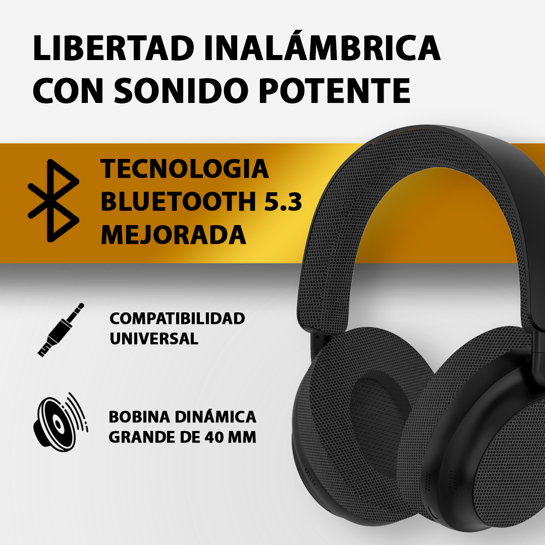 Auriculares negros con texto que indica libertad inalámbrica y tecnología Bluetooth 5.3, con símbolos de compatibilidad.
