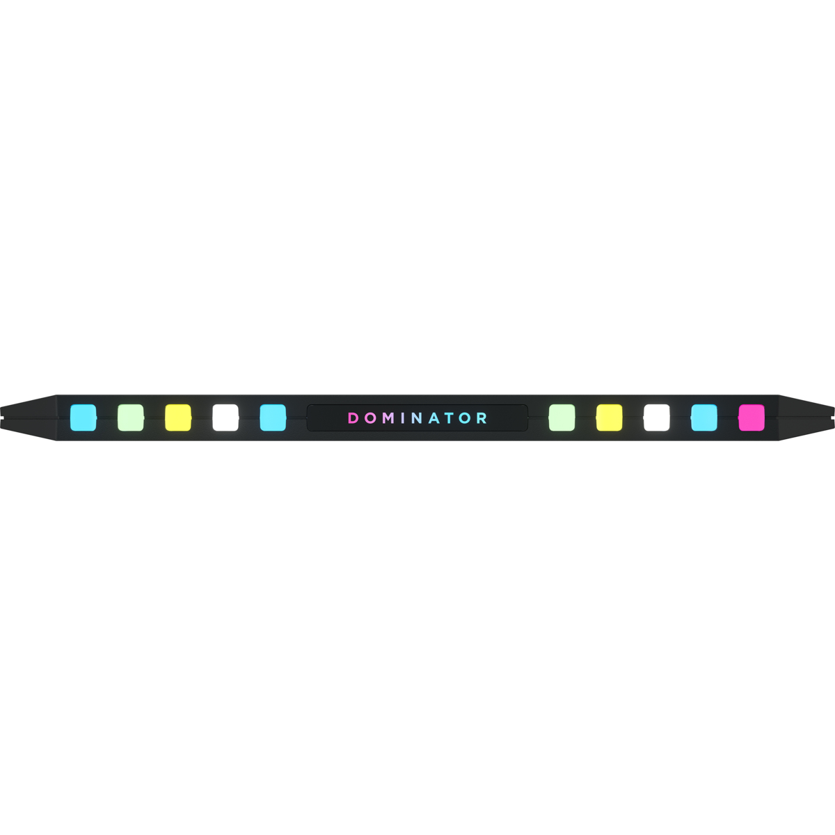 Czarny pasek LED z kilkoma kolorowymi światłami i słowem "Dominator" pośrodku.