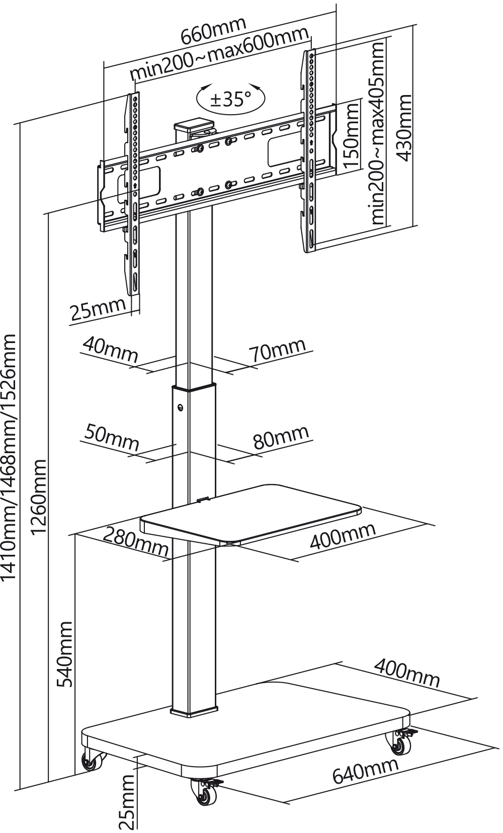 Diagramm eines schwarzen TV-Ständers mit Abmessungen und Maßen. Enthält ein Regal und eine Basis mit Rädern.