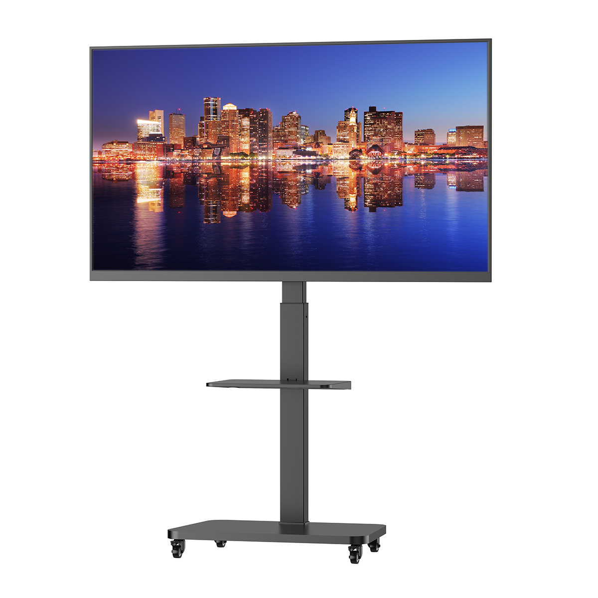 Fernseher auf einem rollenden Ständer zeigt eine Skyline bei Nacht. Der Ständer ist schwarz und hat ein Regal. Der Hintergrund ist weiß.