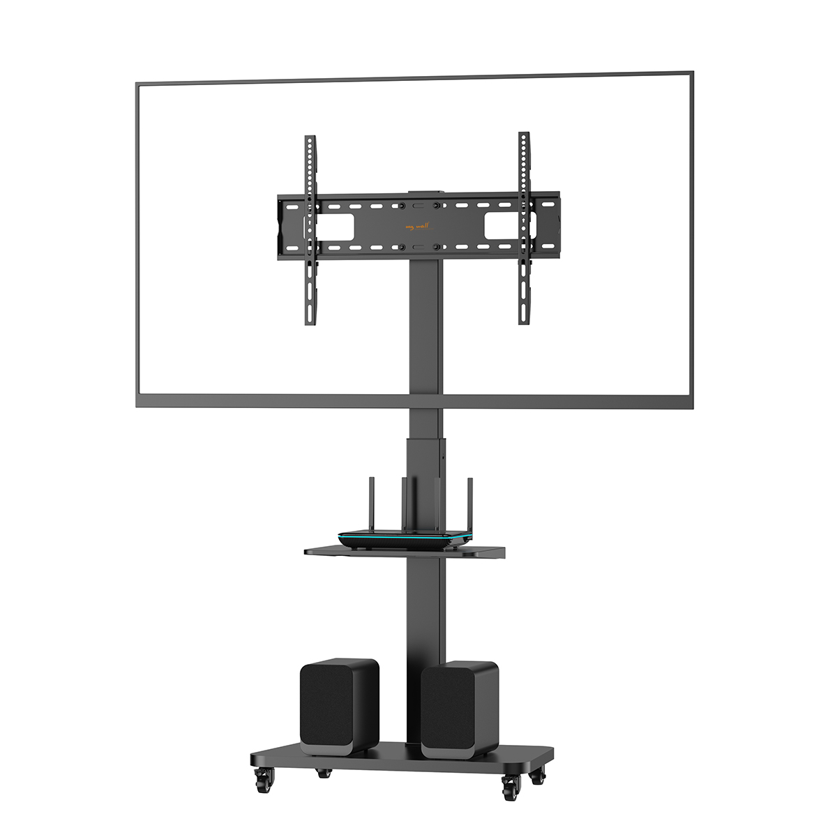 TV-Ständer mit einem großen Bildschirmfernseher. Lautsprecher und ein Regal mit Router sichtbar.