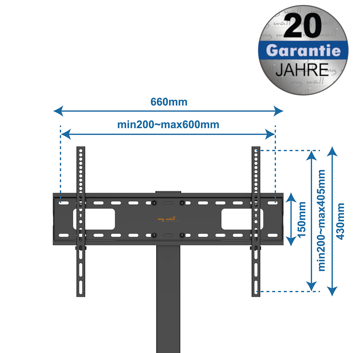 Schwarze TV-Halterung mit Abmessungen. Text: '20 Jahre Garantie'. Abmessungen in mm: 660, 150, 430.