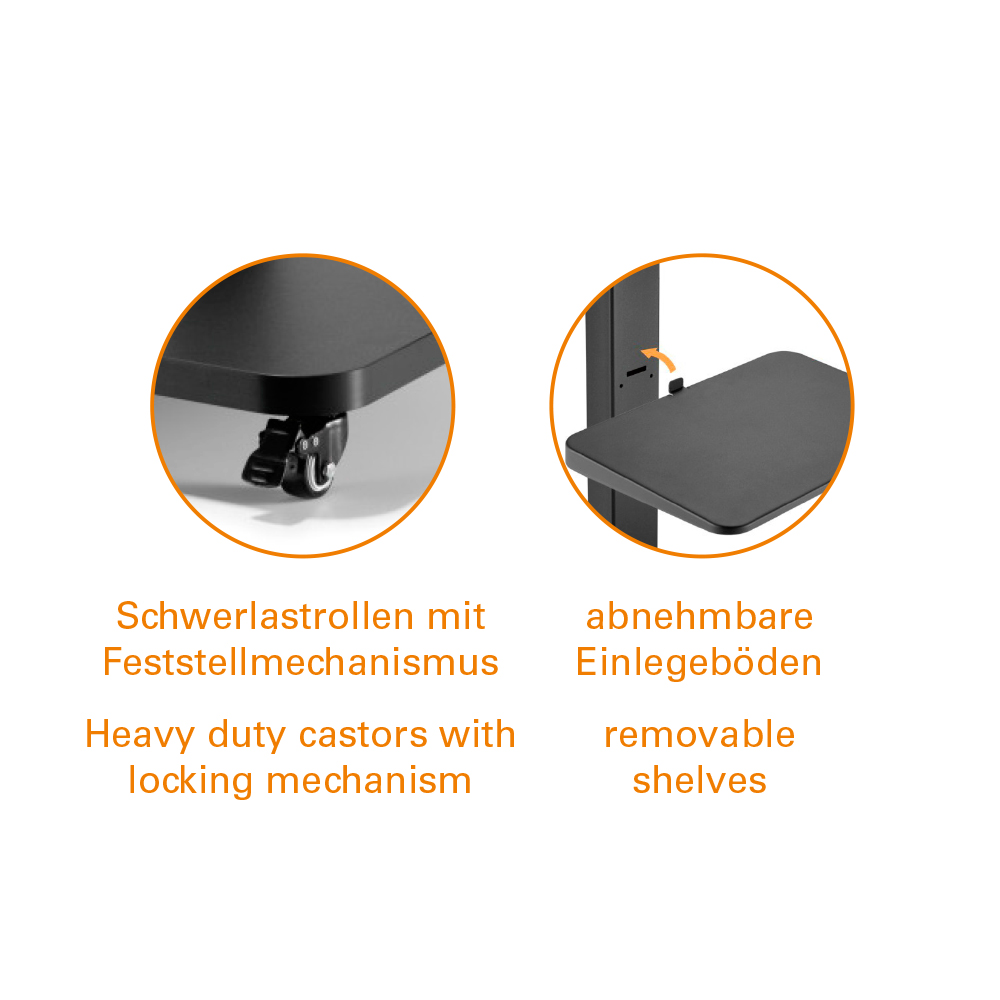 Zwei Nahaufnahmen, eine zeigt ein Rad, die andere ein schwarzes Regal. Beide haben deutschen Text.