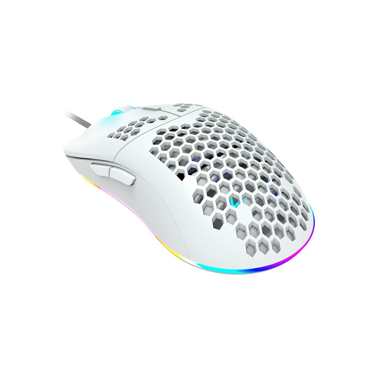 Ratón gaming blanco con diseño de panal y iluminación RGB.