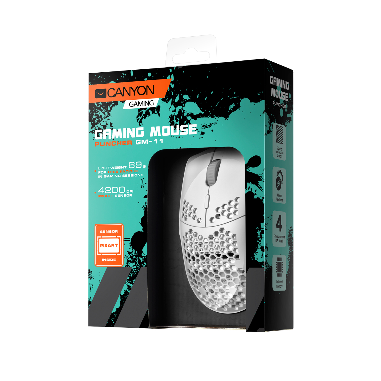 Ratón gaming en caja, ratón blanco con diseño de panal, la caja tiene texto y fondo turquesa.