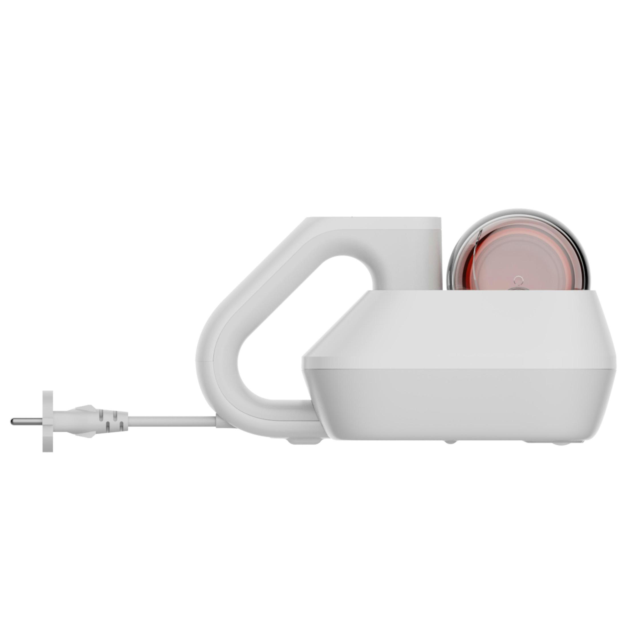 A white device with a red cylinder inside. It has a transparent cover and a white base.