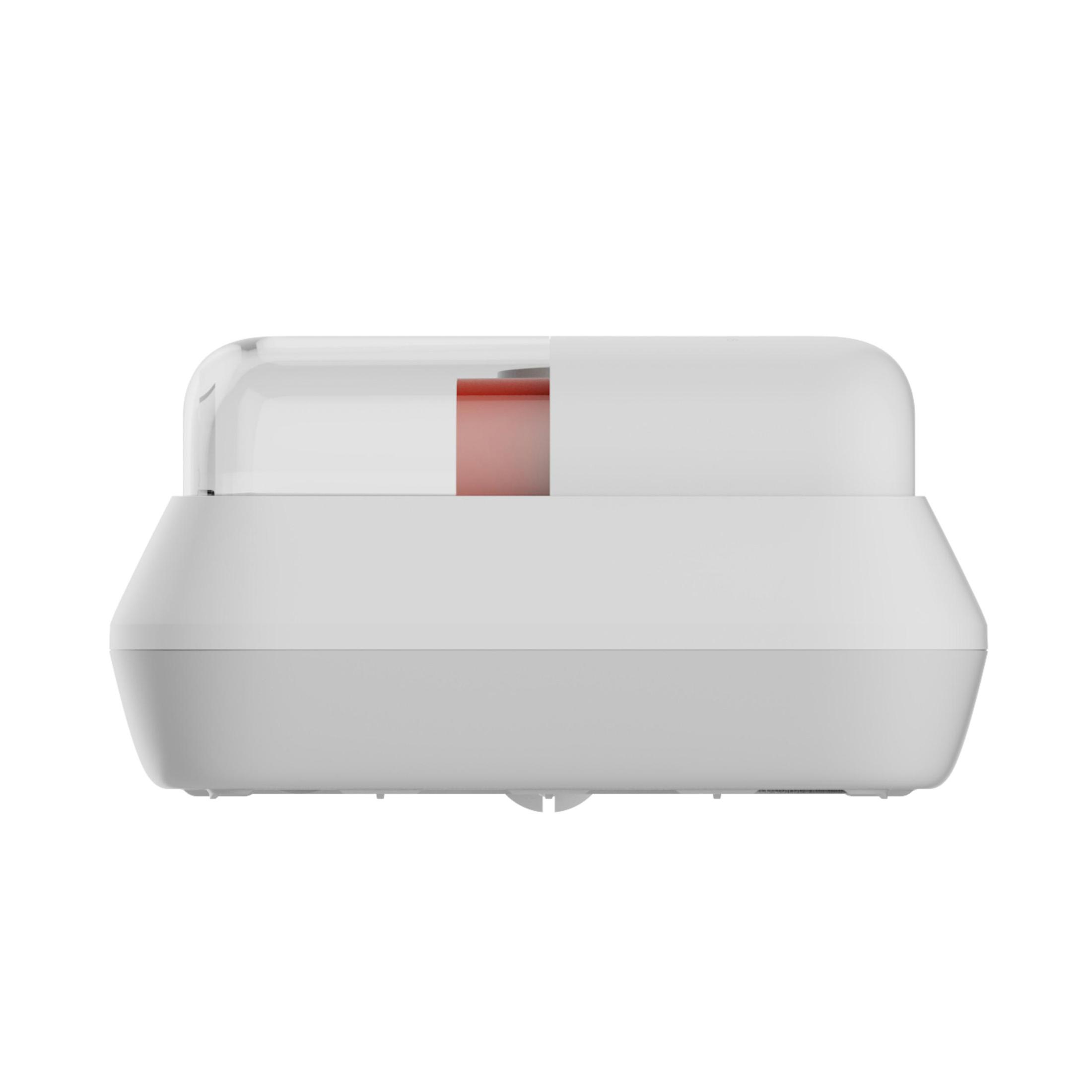 A white device with a red cylinder. It has a transparent cover, and vents on the sides.
