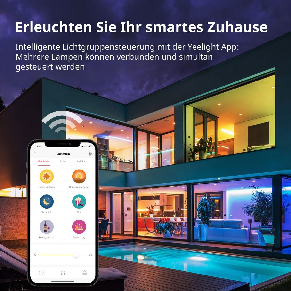 Una casa moderna con controlli di illuminazione intelligenti su un telefono, che mostra opzioni di colore e scena.