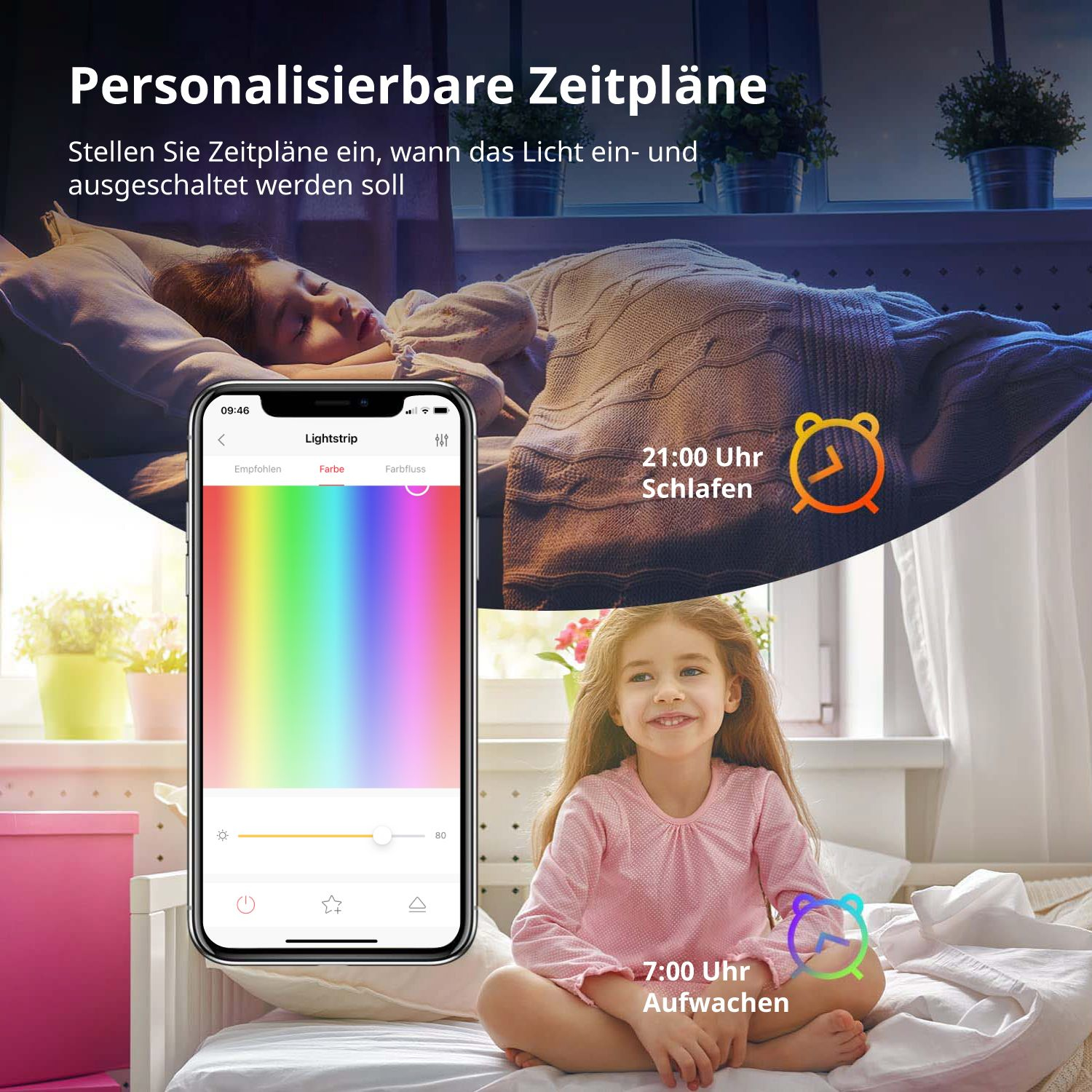 Una bambina è seduta su un letto, con un telefono che mostra un'app di controllo della luce e un bambino che dorme.