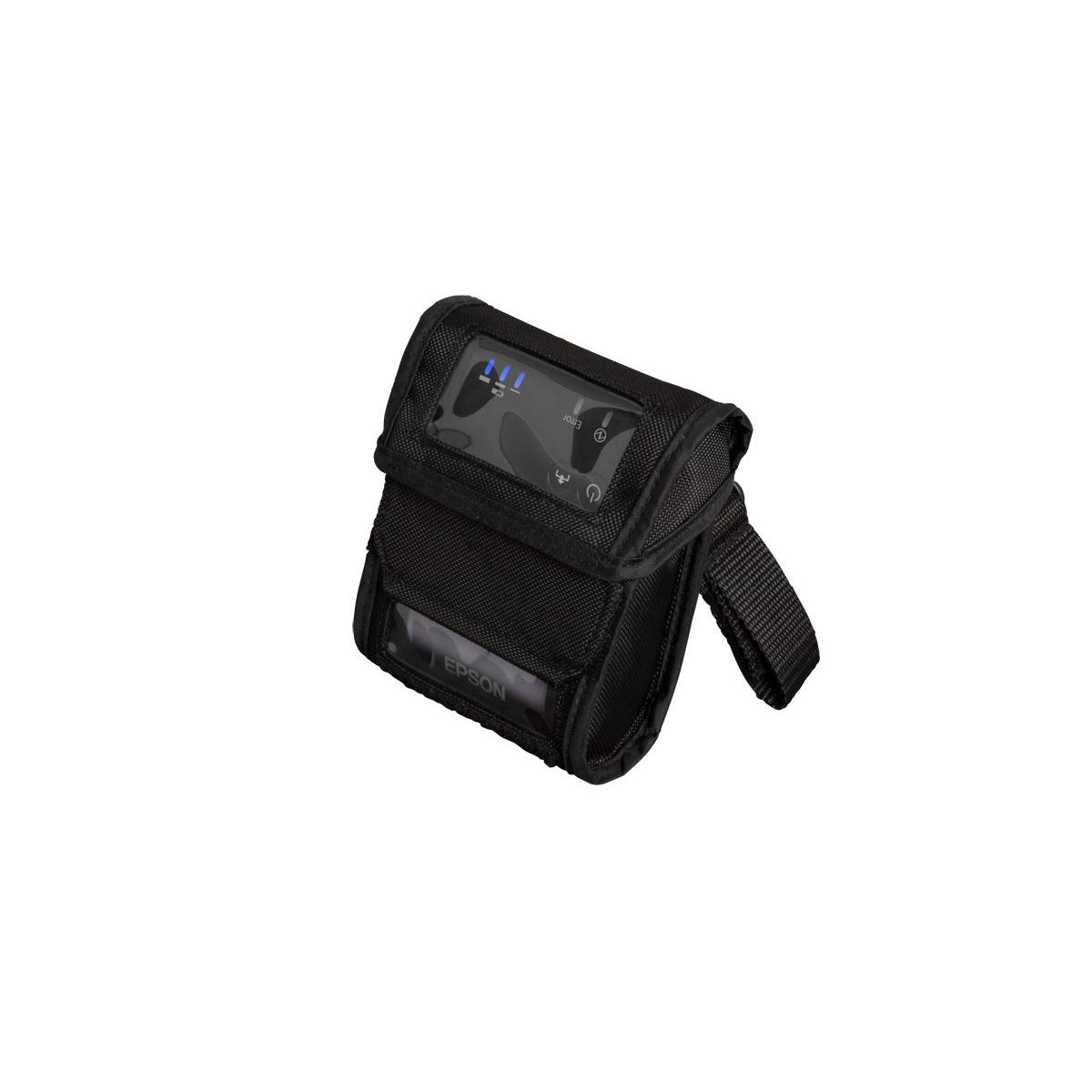 Czarna obudowa drukarki Epson z małym wyświetlaczem i uchwytem, na białym tle.