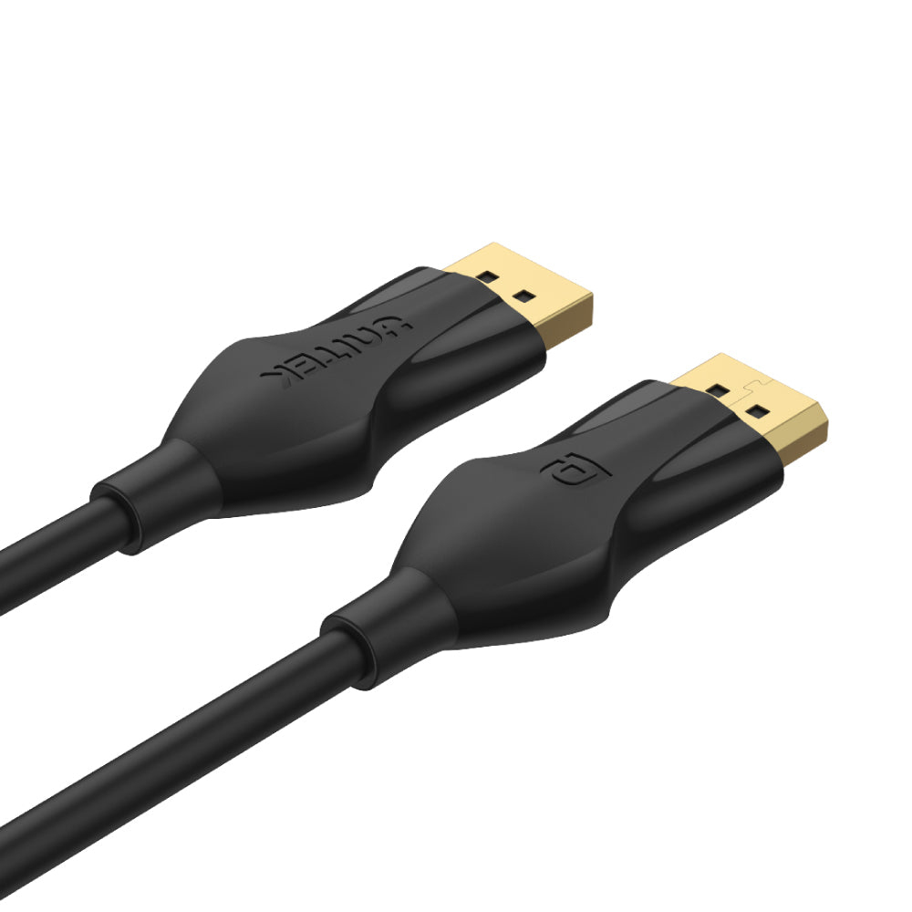 Altın konnektörlü iki siyah DisplayPort kablosu, "UNITEK" markalı, beyaz zeminde.