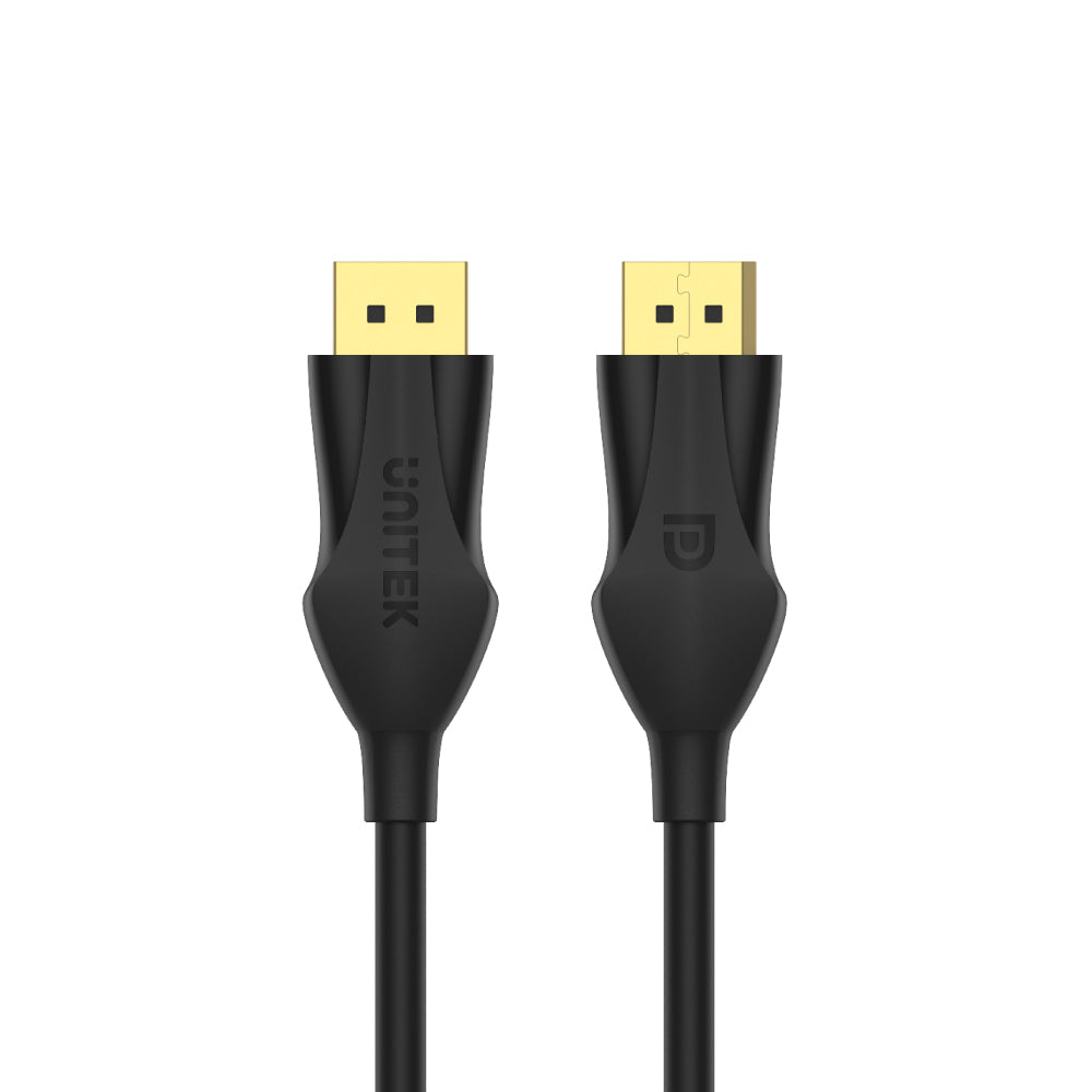 Beyaz arka plan üzerinde, altın konnektörlü iki siyah DisplayPort kablosu, "UNITEK" markalı.
