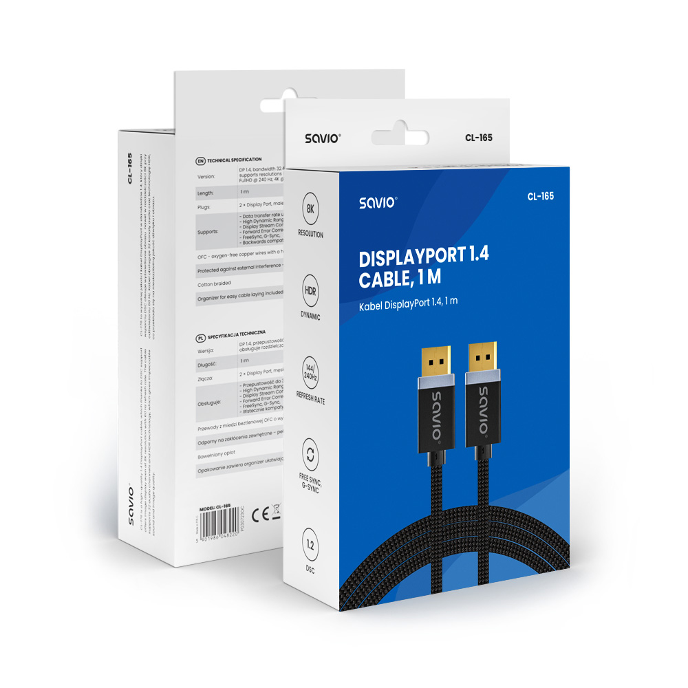 Biało-czarne pudełko z kablem i specyfikacjami technicznymi.