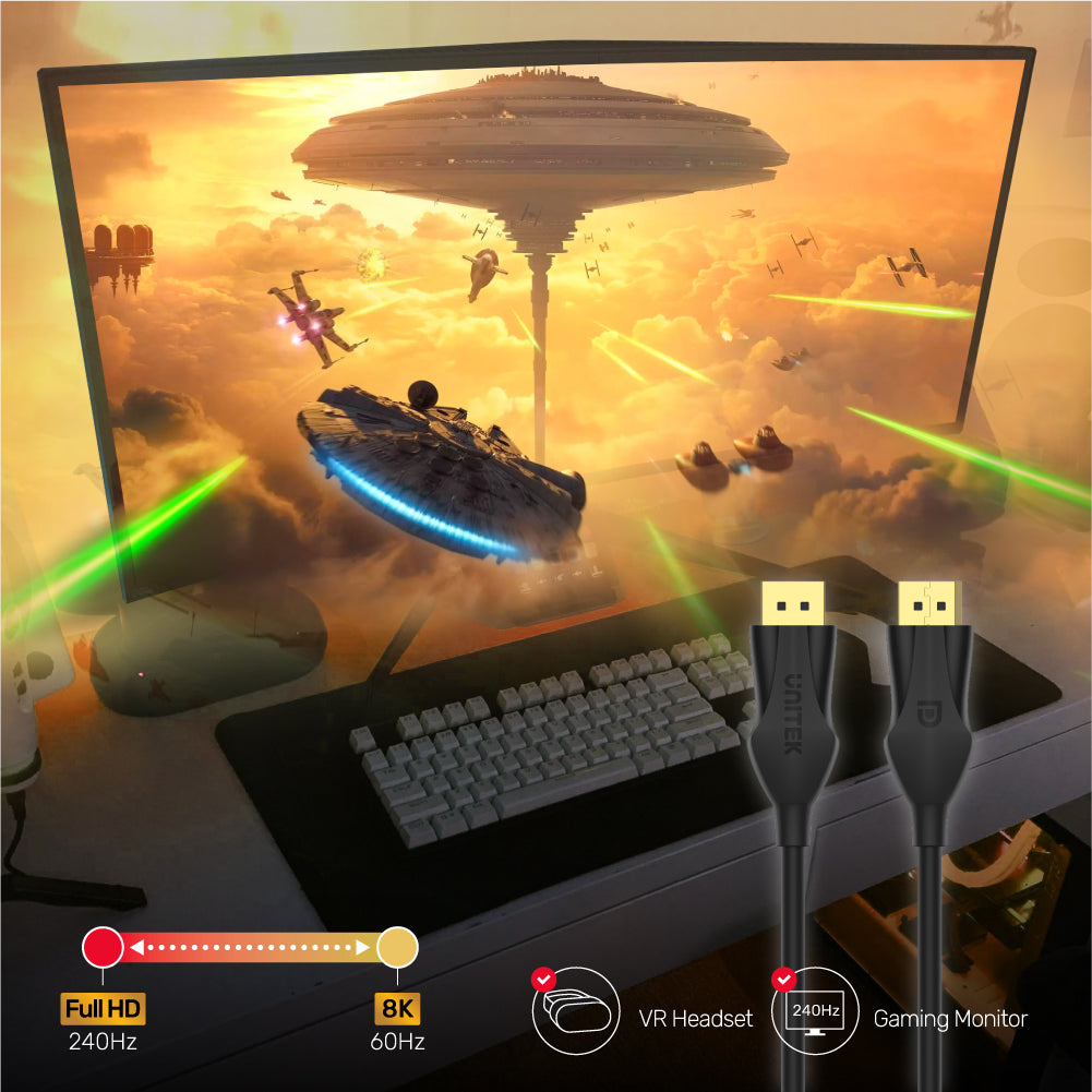 Star Wars sahnesi gösteren bir monitör, klavye ve iki DisplayPort kablosu ile oyun kurulumu.