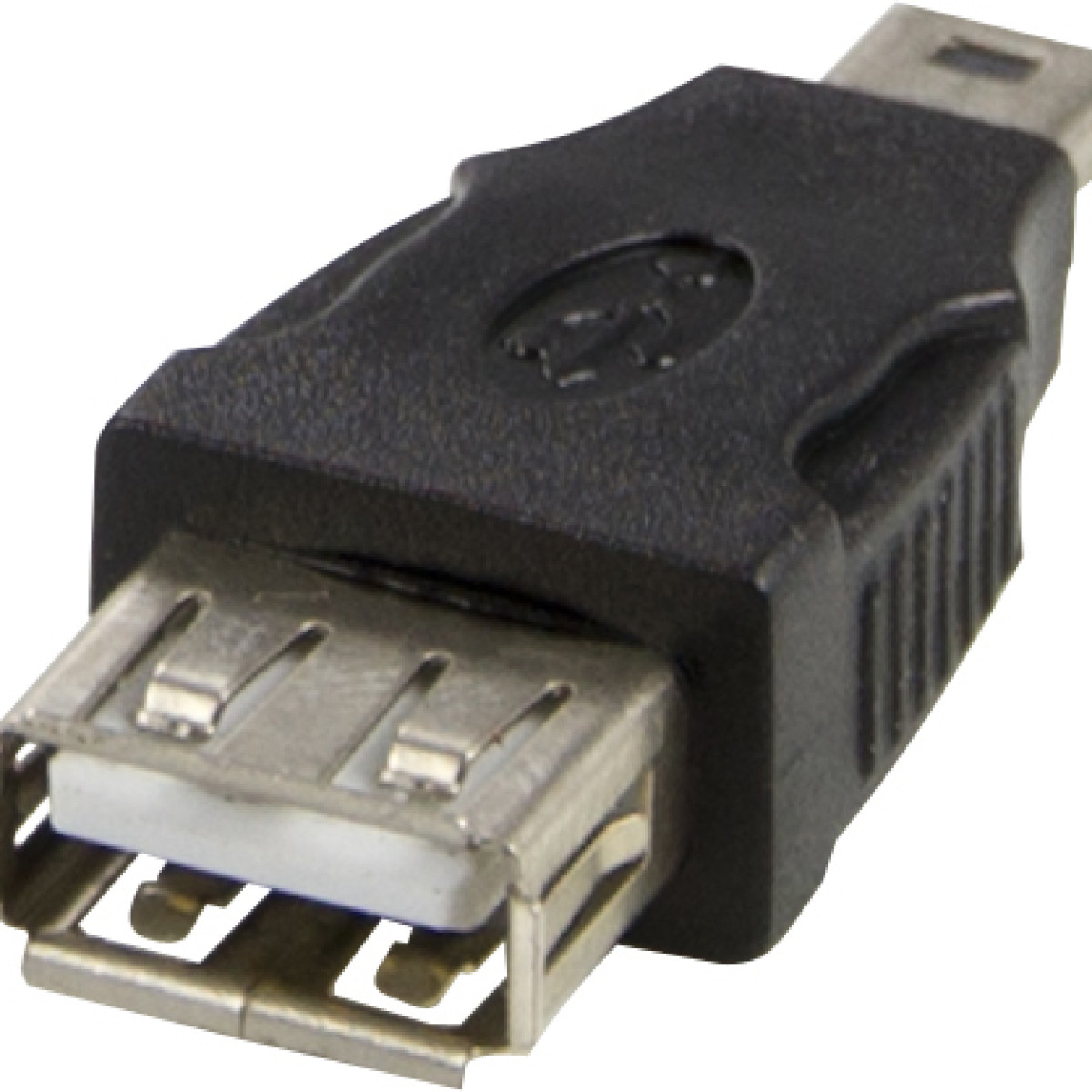 Schwarzer USB-Adapter mit USB-A-Buchse und Mini-USB-Stecker.