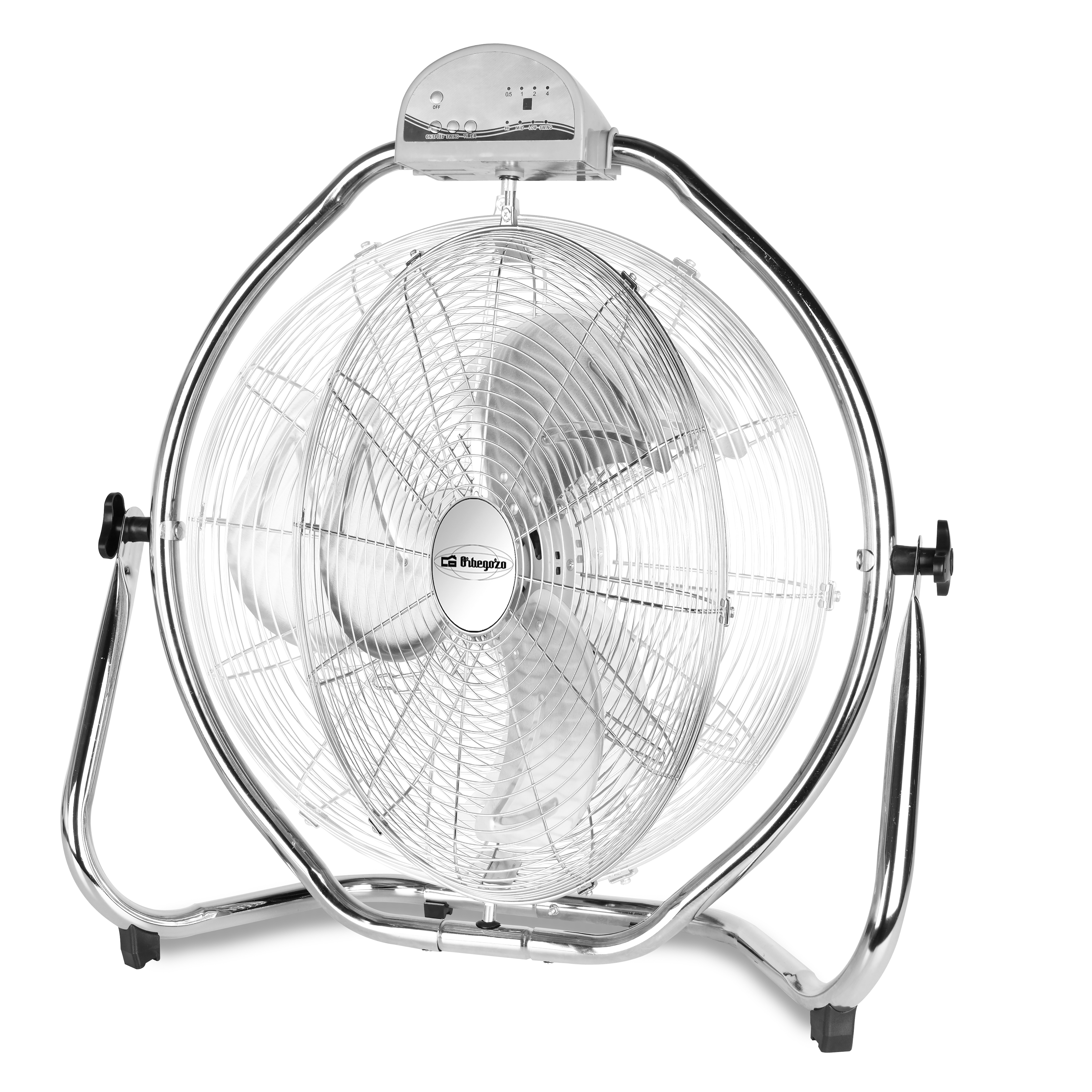Un ventilatore rotondo, argentato, con gabbia protettiva in metallo, su sfondo bianco.
