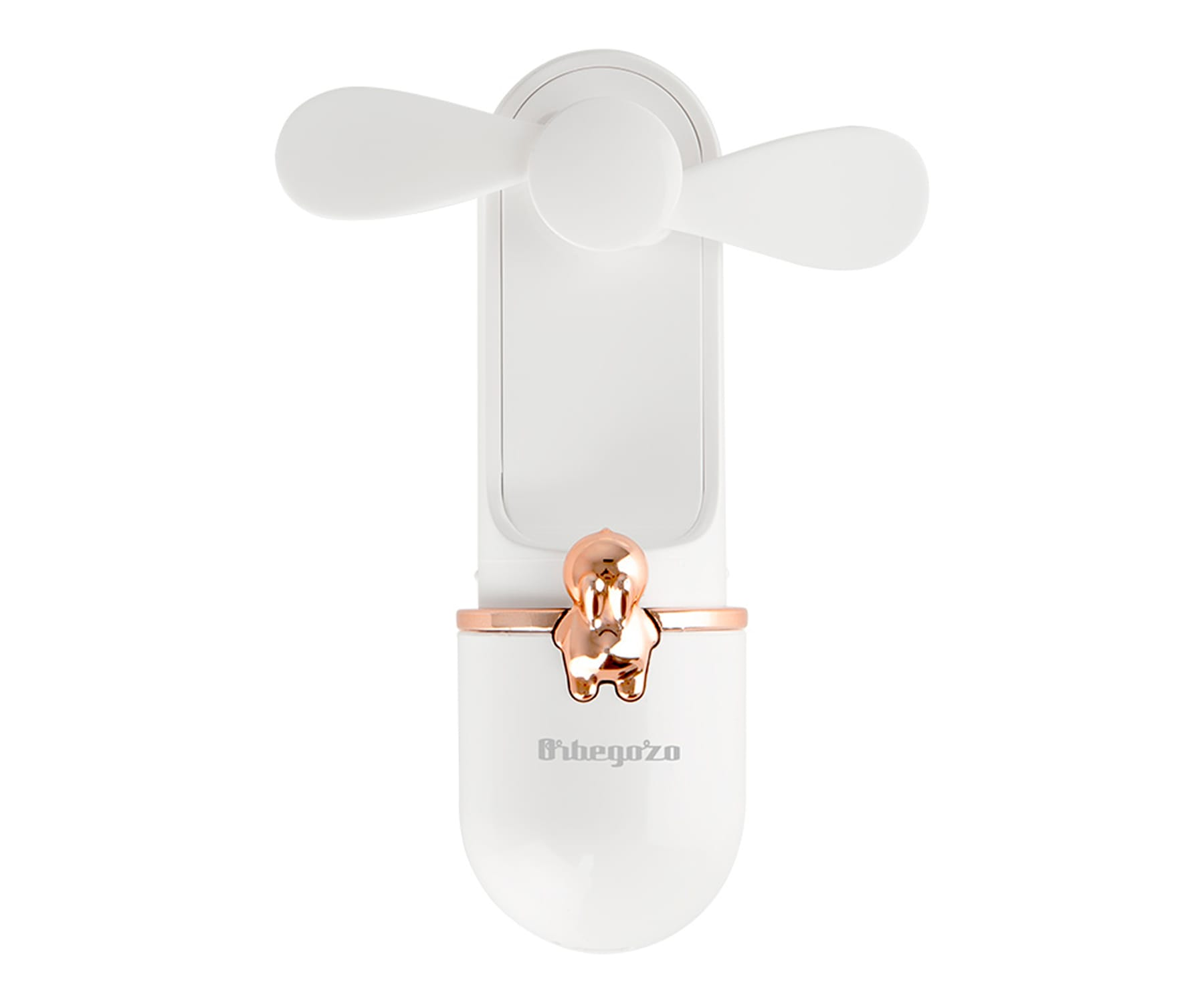 Ventilatore portatile bianco con due pale e un dettaglio oro rosa. Sfondo bianco.